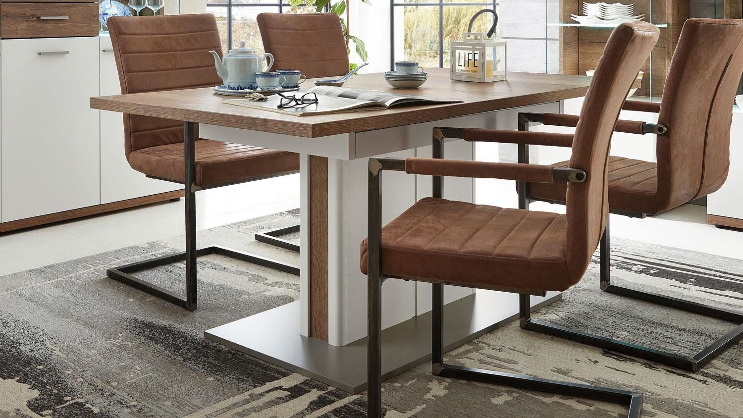 Möbel Akut Esstisch Esstisch Light Line 2 weiß matt Lack Eiche Auszug 160-205