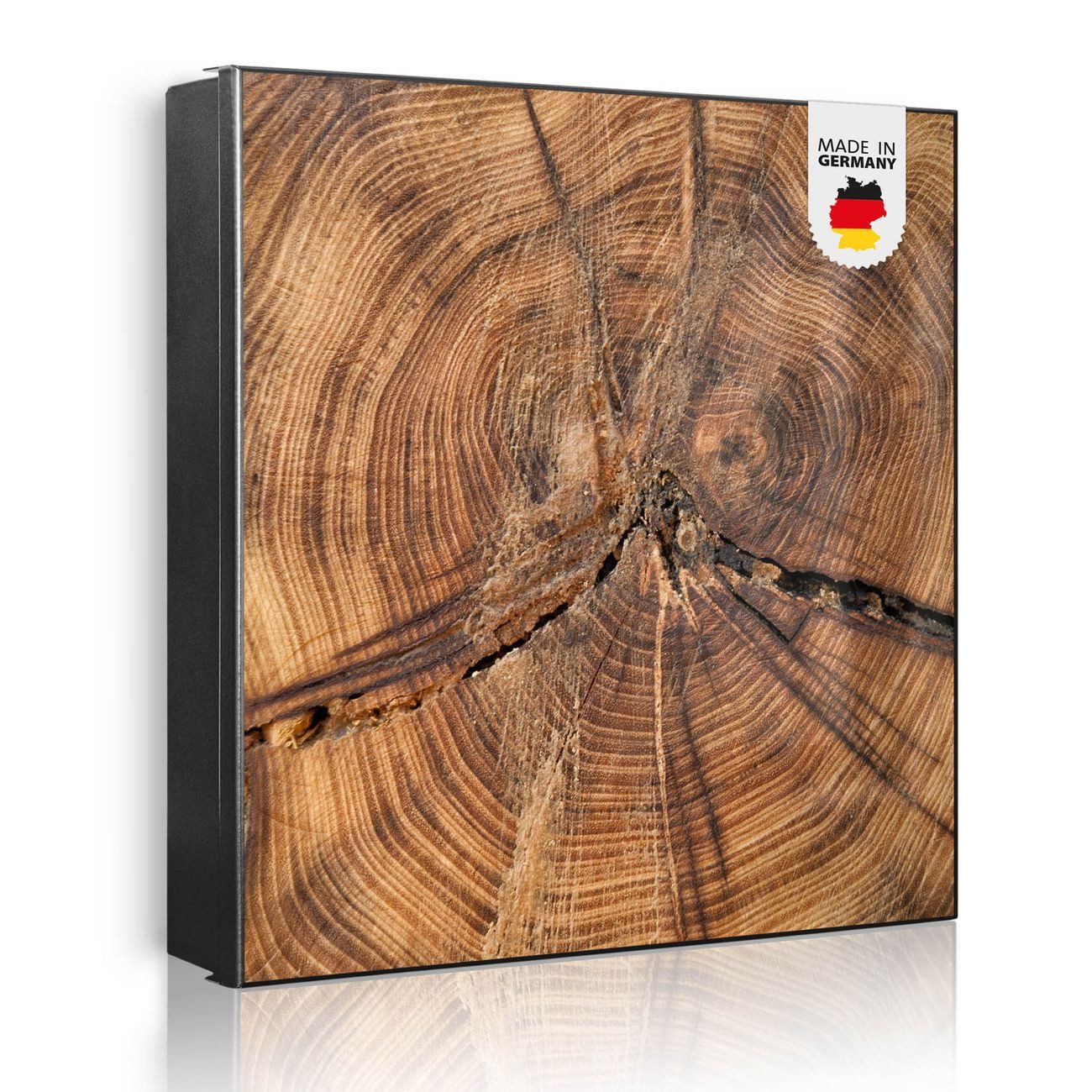 banjado Schlüsselkasten aus Metall mit Motiv Jahresringe (Stahl Gehäuse, mit 32 Haken, beschreibbar & magnetisch), 30 x 30 x 5 cm