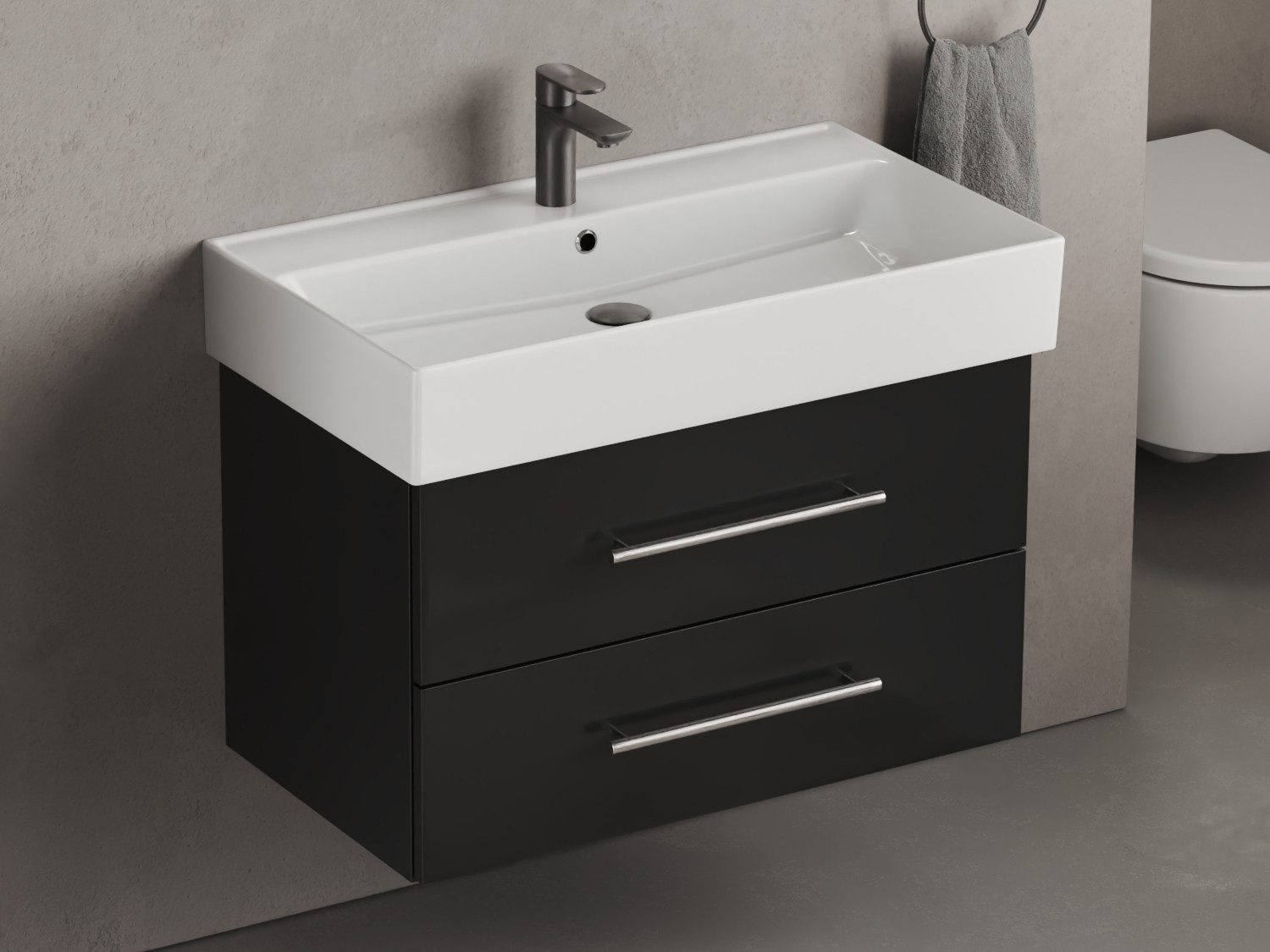 Aqua Bagno Badmöbel-Set Aqua Bagno Flex Badmöbel 80 cm Schwarz Hochglanz - Keramikwaschbecken, (vormontiert, 2-St., Badmöbelschrank lackiert, Keramikwaschbecken), einfache Montage, Skandi