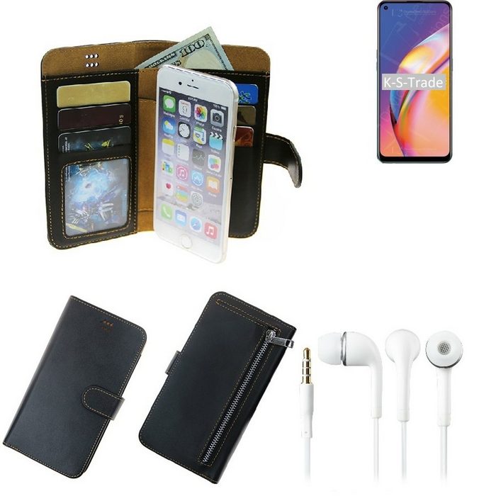 K-S-Trade Handyhülle TOP SET Handy Hülle Schutz Hülle kompatibel mit Oppo A94 schwarz aus Kunstleder + Kopfhörer Smartphone Tasche vollwertige Geldbörse -