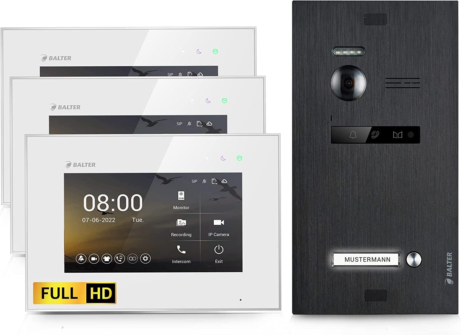 Balter Video-Türsprechanlage EVO HD für 1 Familienhaus, 3x Monitore, Full HD, 2-Draht, Schwarz (Komplettset, 3-tlg)