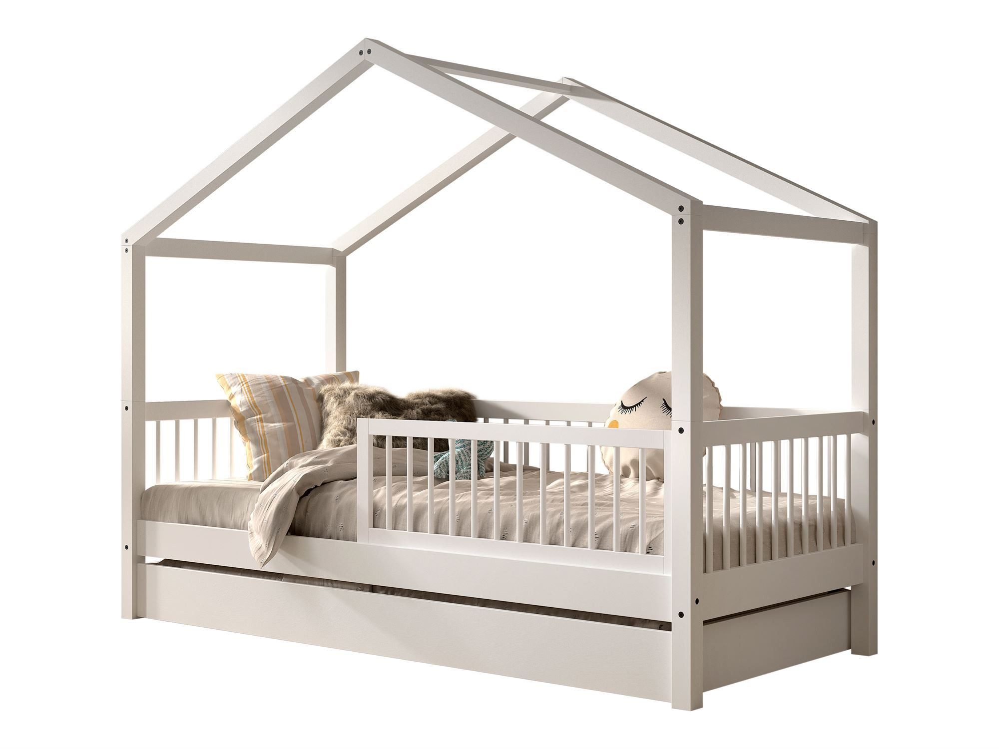 Kinderbett Hausbett 90x200 Keeley Buche Kinderbett Weiß Massivholz Schublade