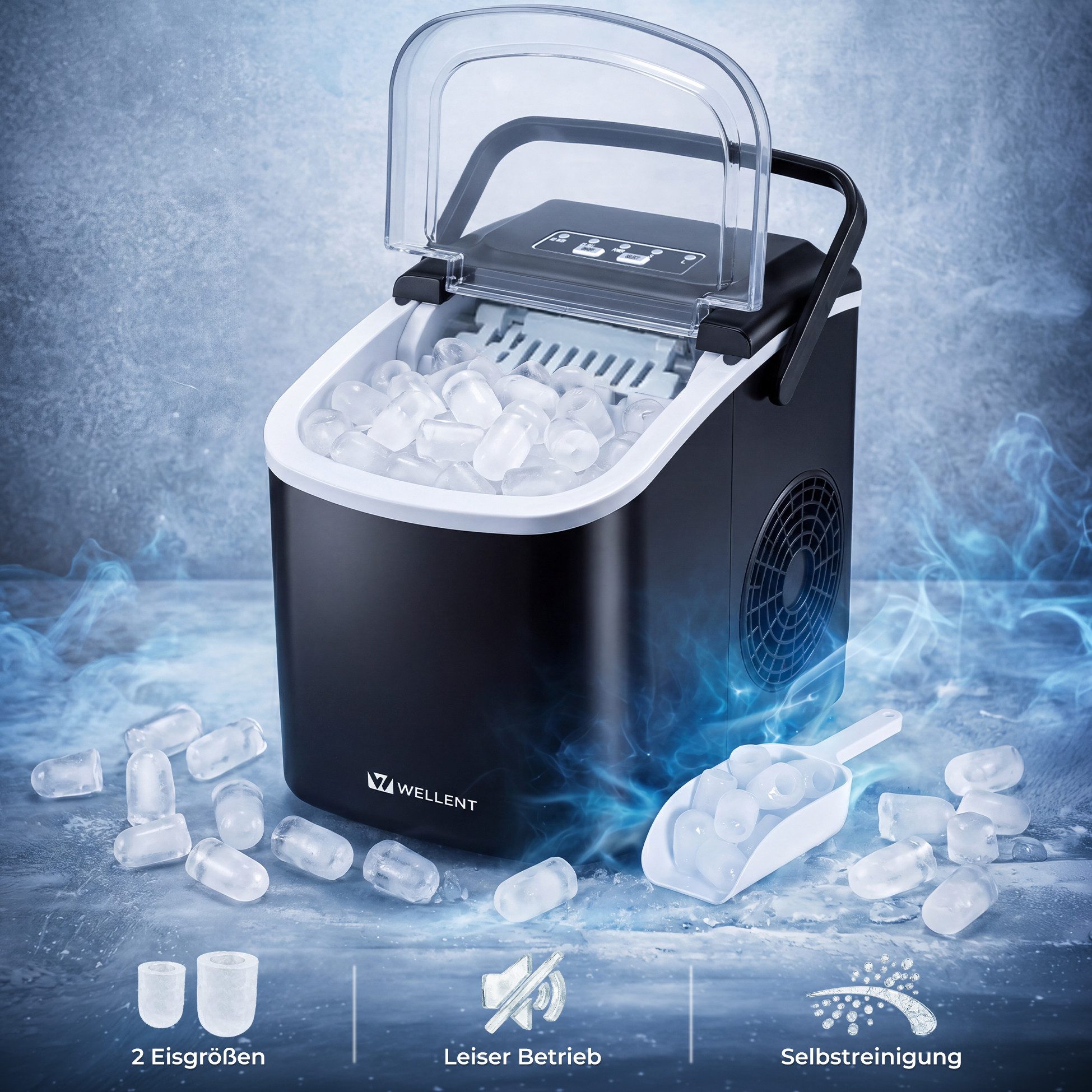 WELLENT Eiswürfelmaschine Tragbarer Eiswürfelbereiter,9 Eiswürfel in 6 Minuten,12 kg/24 H, 2 Eiswürfelgrößen, Selbstreinigung – Ideal für Zuhause, Küche & Büro