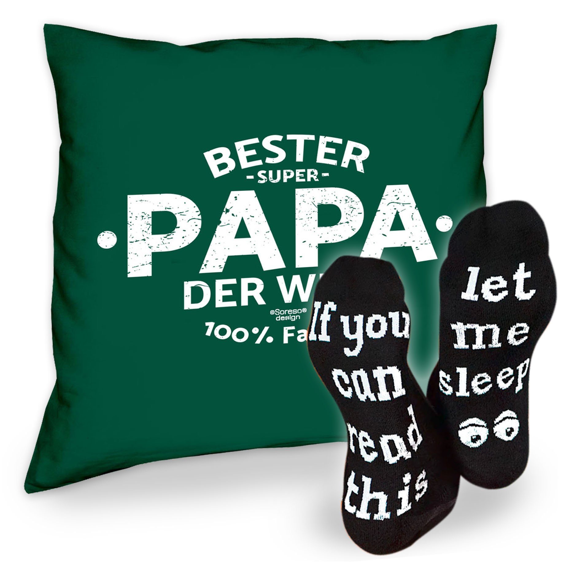 Soreso® Dekokissen Kissen Bester Papa der Welt & Sprüche Socken Sleep, Geschenk Geburstag Vatertag Weihnachten dunkelgrün