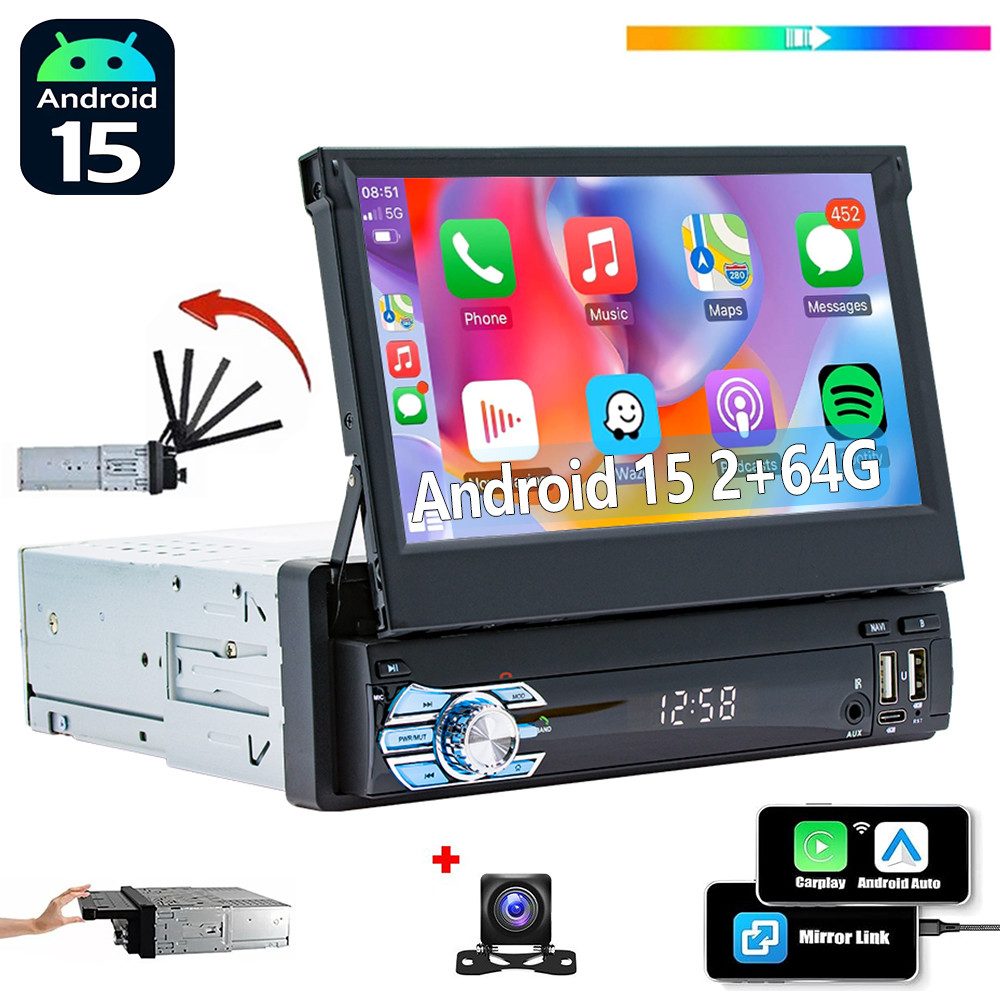ESSGOO DAB 64G 1DIN 7'' Flip Out Android 14/15 Carplay Autoradio GPS WIFI FM Autoradio (Digitalradio (DAB), 4+64GB(optional), RDS, AM, FM, Carplay Android Auto Bluetooth EQ USB GPS Navi WIFI Touchscreen)
