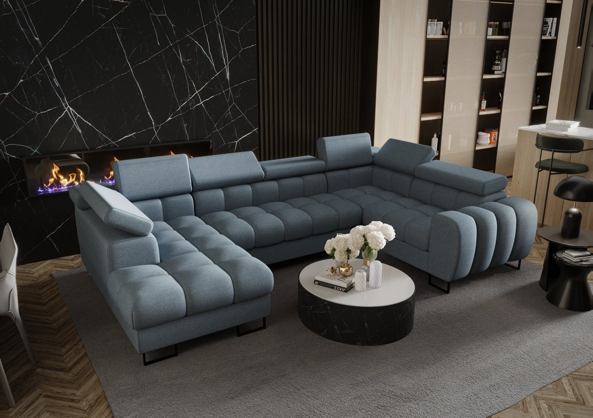 Fun Möbel Wohnlandschaft Schlafsofa BASTIEN mit Ottomane in Stoff, inkl. Bettkasten, mit Rundumbezug, ausziehbare Liegefläche