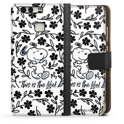 DeinDesign Handyhülle »Peanuts Blumen Snoopy Snoopy Black and White This Is The Life«, Huawei P9 Hülle Handy Flip Case Wallet Cover Handytasche Leder