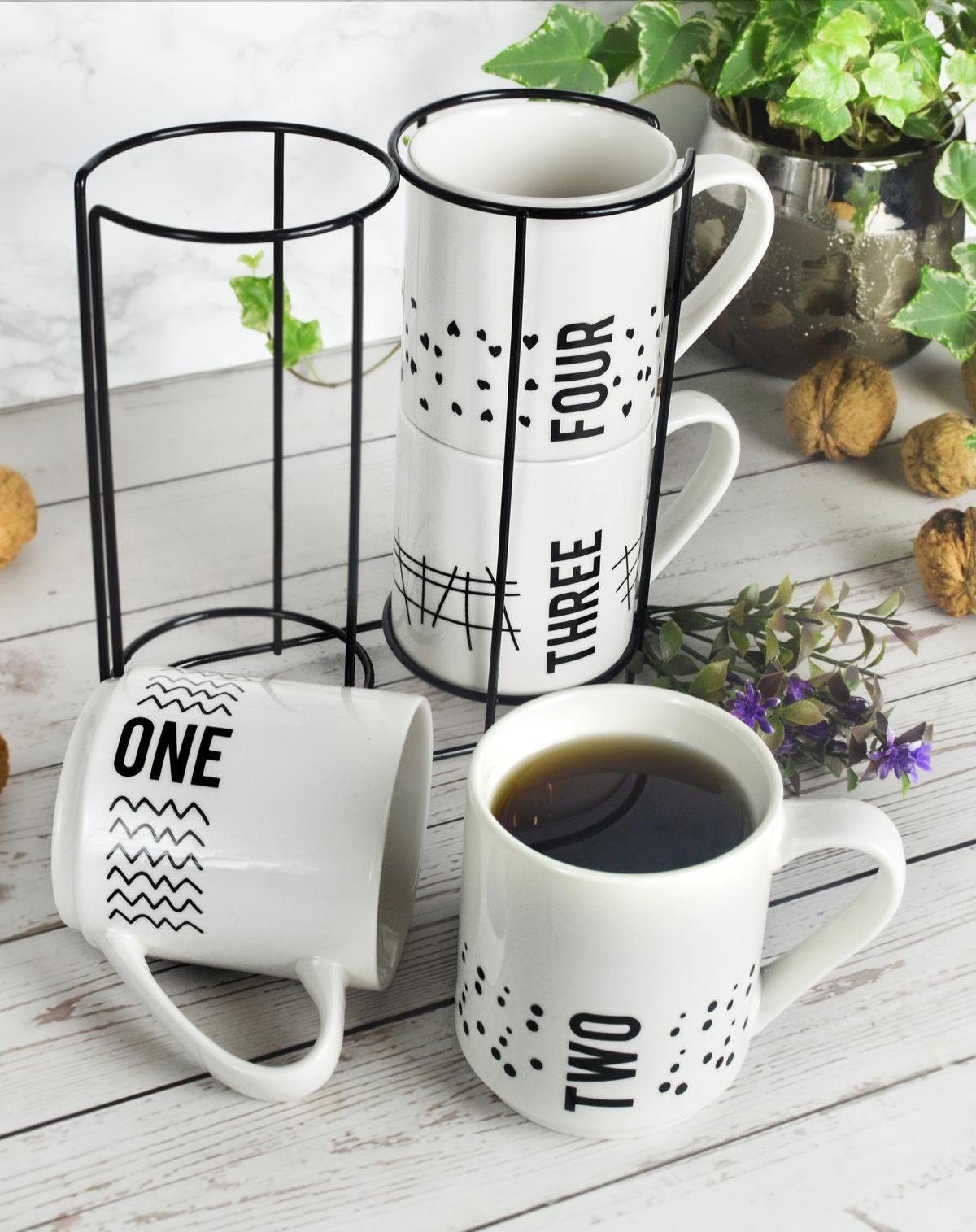 Sendez Becher 4 Kaffeebecher 300ml aus Porzellan mit Metallständer Kaffeetassen, 5-tlg., Porzellan – Bild 3 von 4