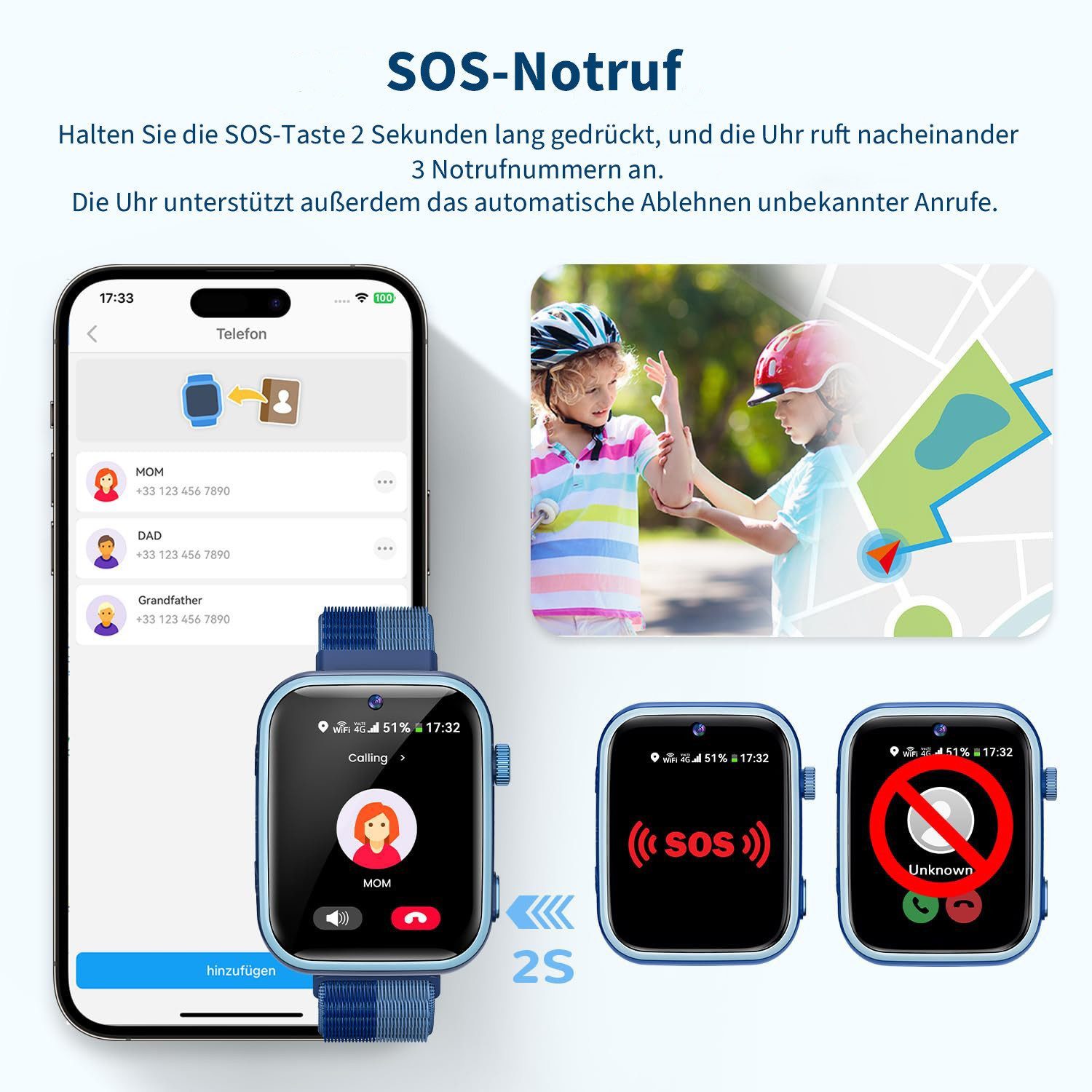 SWGOTA 4G Kinder Smartwatch mit Telefonfunktion und GPS, SOS,Zwei-Wege-Anrufe Smartwatch, Kindersmartwatch mit WLAN, Bildkompetenz für 4–12 Jungen und Mädchen – Bild 4 von 5