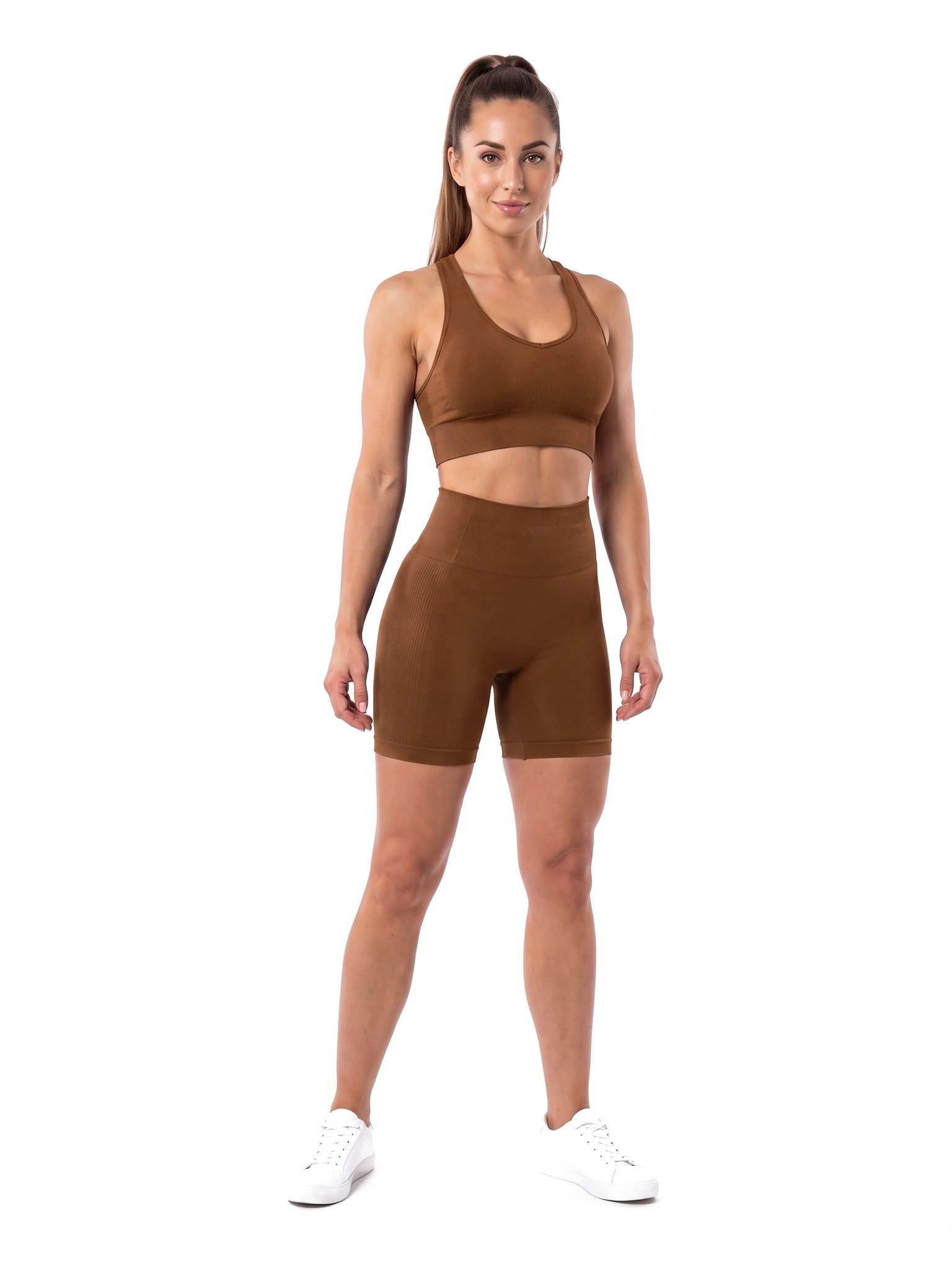 Black Snake Sportanzug kurz für Damen Seamless Gym Outfit mit Sport-BH-Top und engen Shorts (Sportset, 2-tlg., Cognac M), Blickdicht in Radlerlänge mit hohem Bund und seitlicher Rippstruktur