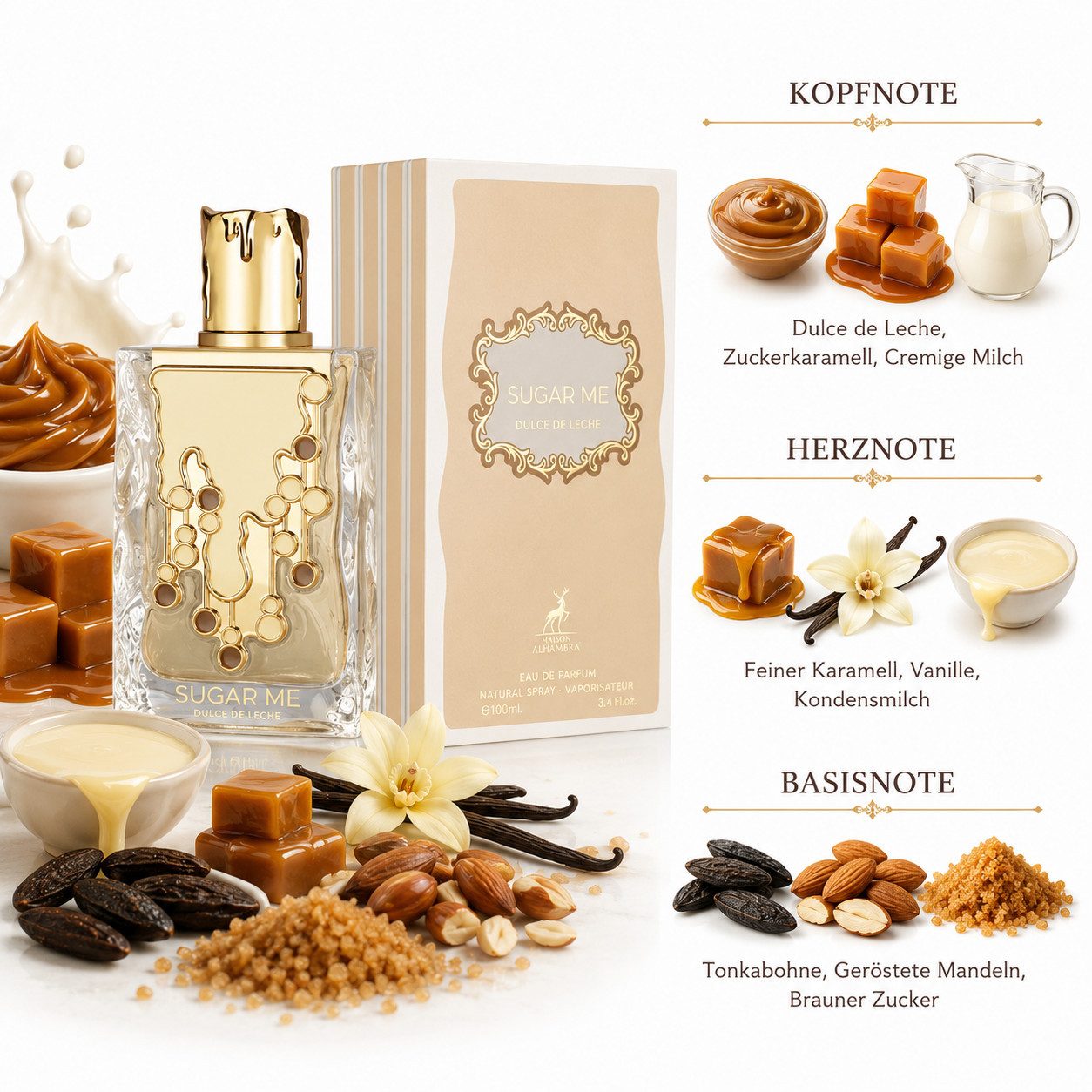 Maison Alhambra Duft-Set Sugar Me Dulce de Leche EDP 100ml + Parfümzerstäuber (leer) Set