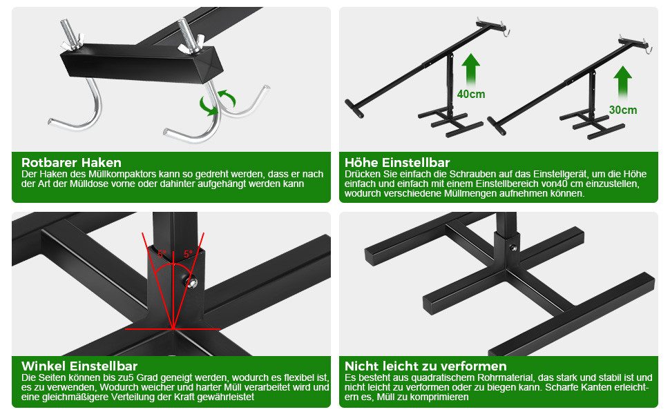 QUBEBU Mülleimer Manuelle Müllpresse, Müllverdichter Hausmüll, Restmüll&Papier, Schwarz, Müllverdichter für 120L / 240L / 360L Mülltonne