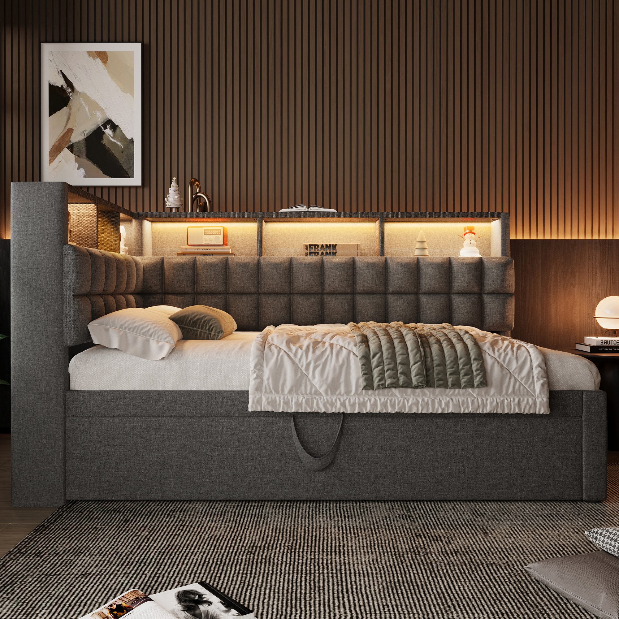 OKWISH Polsterbett Leinen-Ausziehbett 90/180x200 cm mit LED, Bluetooth und Stauraum. (Funktionsbett, 1-tlg., L-Kopfteil mit Stauraumregal, Schlafsofa/Gästebett), mit LED-Beleuchtung & USB/Type-C Ladestation