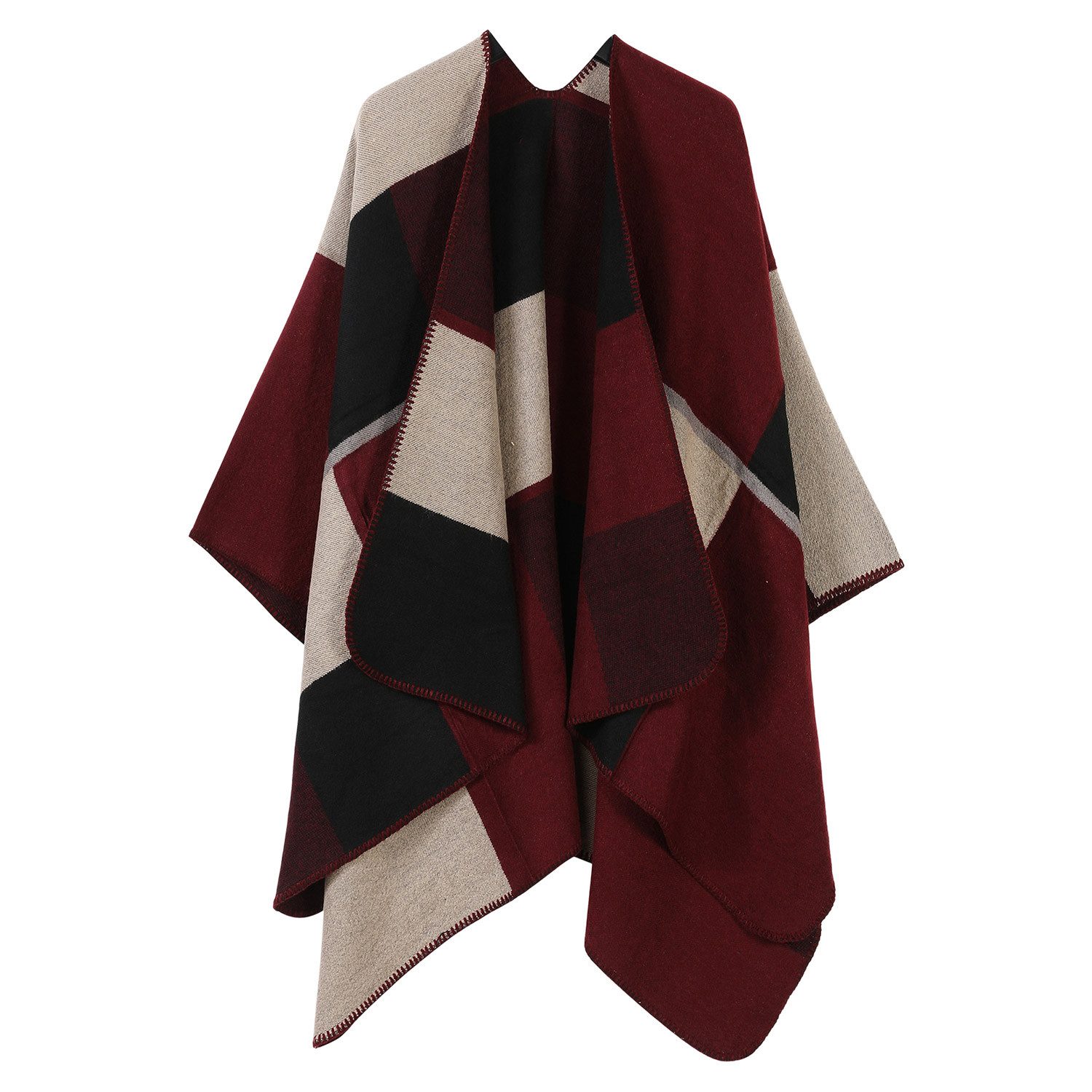 Refttenw Poncho Damen Sommer, Klassischer Karo Wickelponcho, Asymmetrisch 160x135cm, Dicker Stoff Wärmend für Klimatisierte Räume