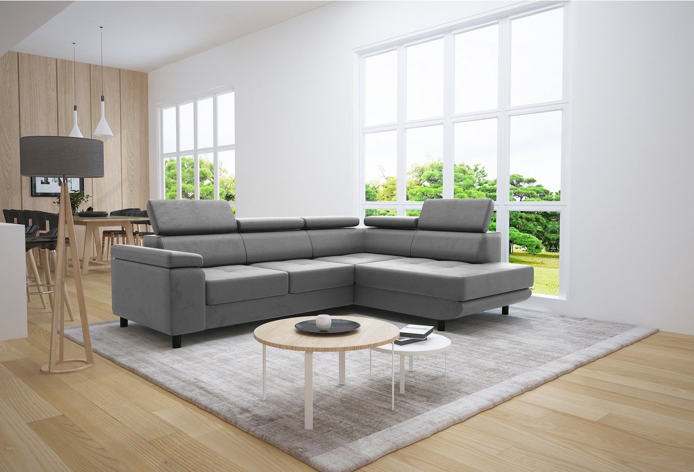 thematys Ecksofa LUNA L mit Schlaffunktion & Bettkasten – aus Velours oder Cord Stoff, mit 5 verstellbaren Kopfstützen, – L-Form 250×183 cm – Schlafsofa mit Auszug