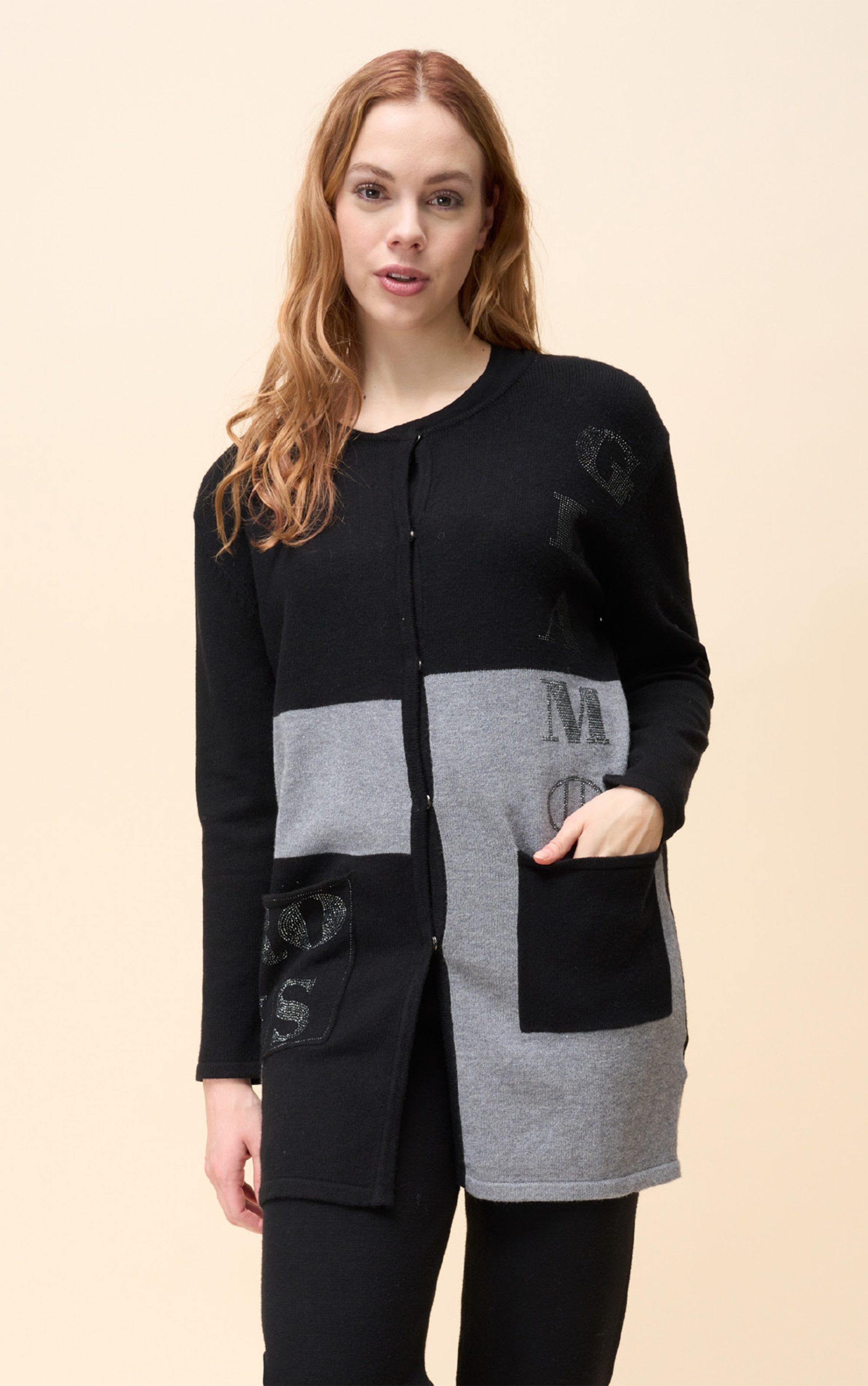 Longstrickjacke im Color Block-Design mit Strassdetails