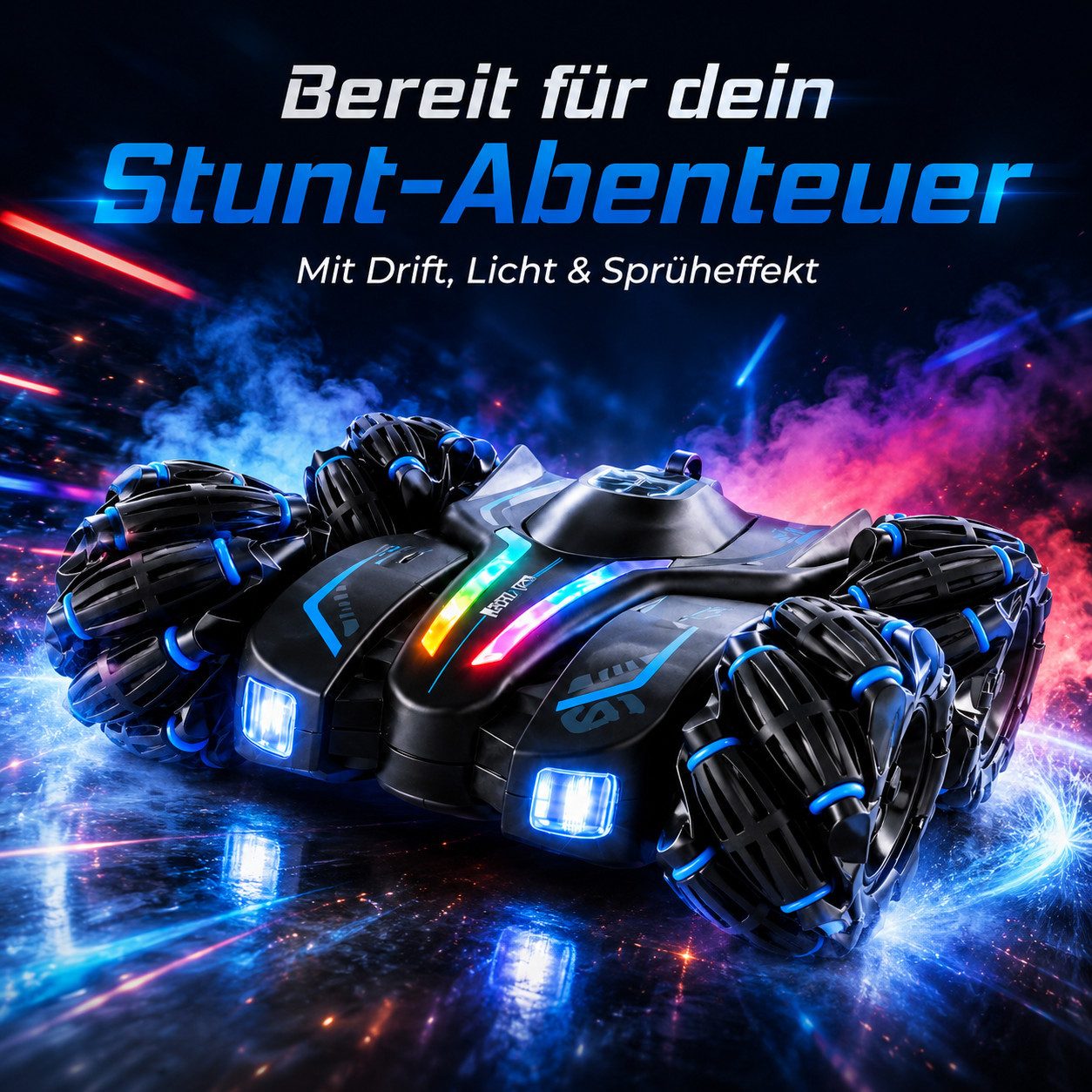 Goldstern-Tech RC-Auto (Steuerung per Fernbedienung & Handgesten, Soundeffekte für ein immersives Spielerlebnis, 2 Akkus), 360° Stunt Car mit Drift, Rauch & LED-Licht