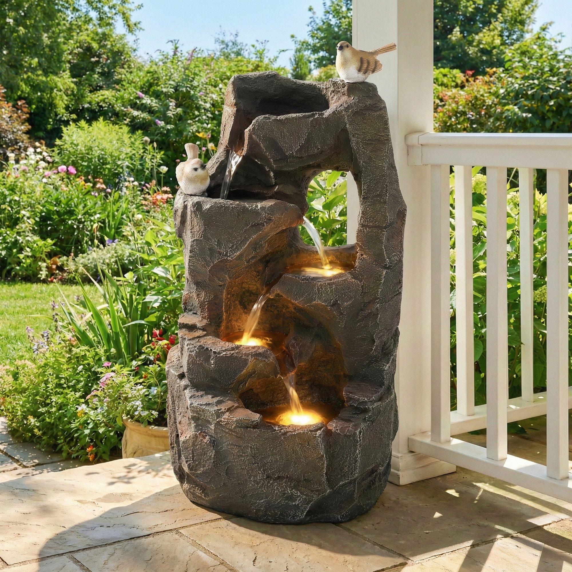 STILVORA Gartenbrunnen Schichtstein-Becken mit LED-Brunnen für Garten Terrasse Balkon Rasen, 25,5 cm Breite, gräuliche Farbe mit realistischer Steintextur