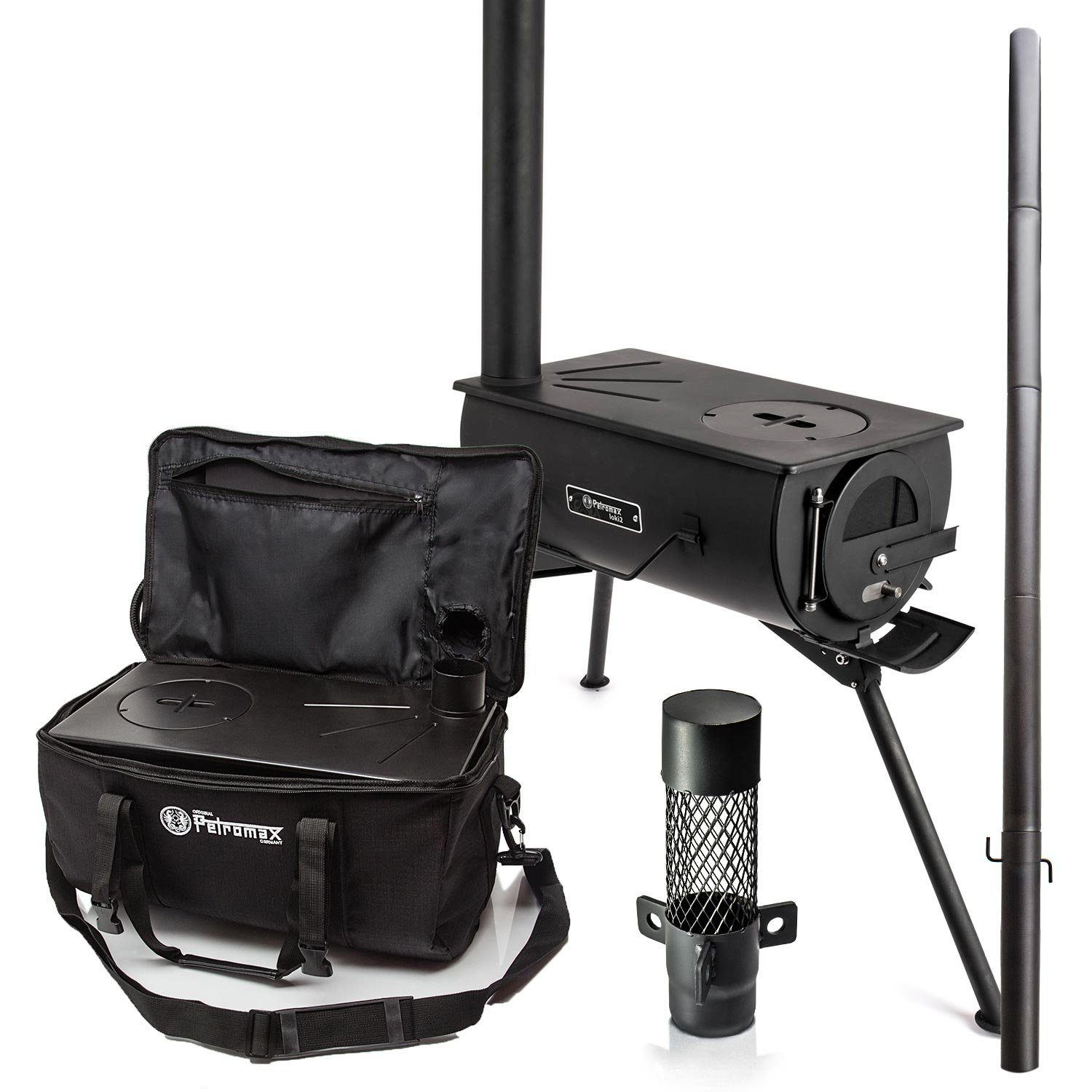 Petromax Feuerstelle Petromax Loki 2 Zeltofen + Tasche + Funkenfang Notvorsorge, mit Sichtfenster und Ascheschale