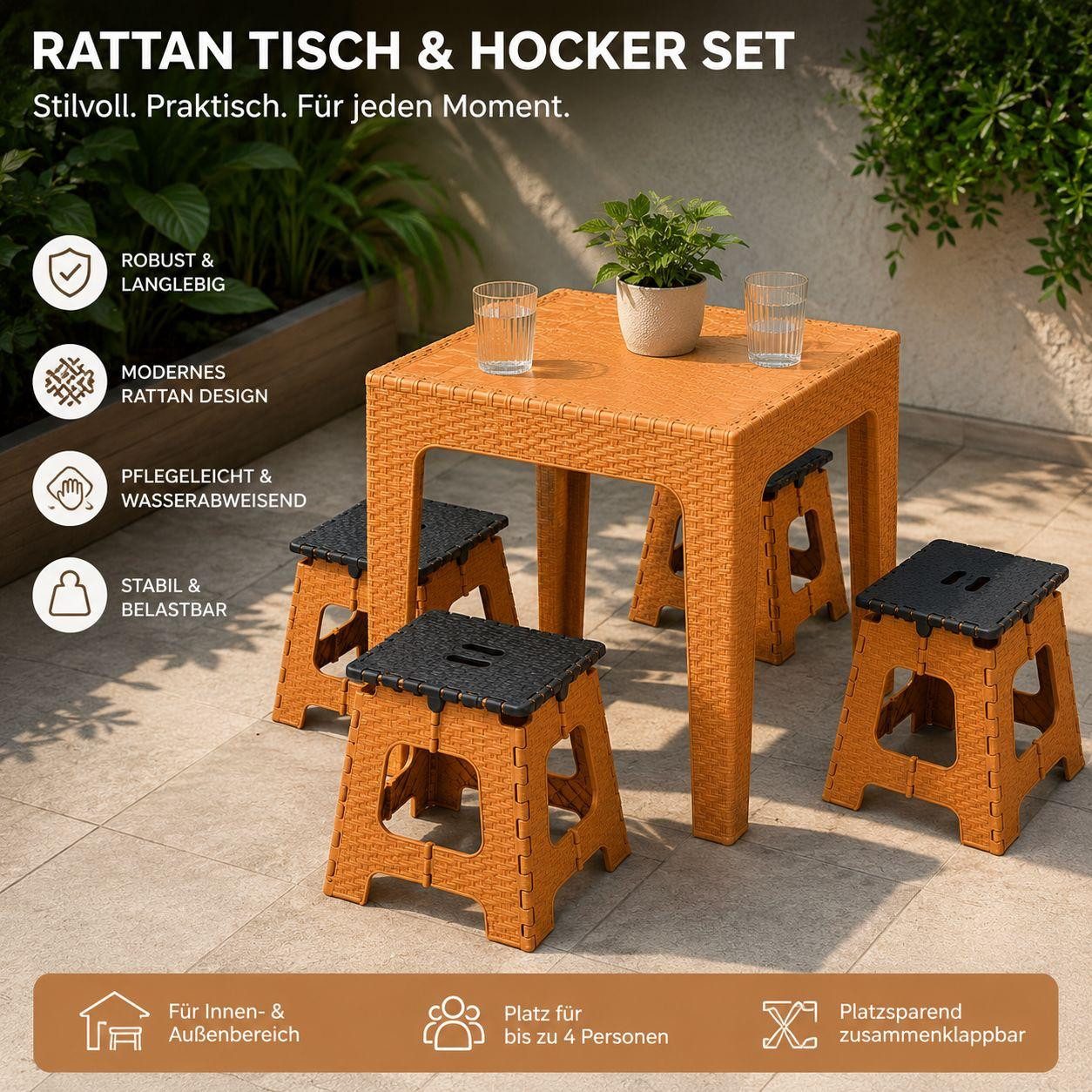 ibonto Sitzgruppe Rattan, Tisch, Hocker Set, 5-tlg., Balkonmöbel, klappbar, (Sitzgruppe oder Balkonmöbel-Set, 5-teiliges Tisch- und Hocker-Set)