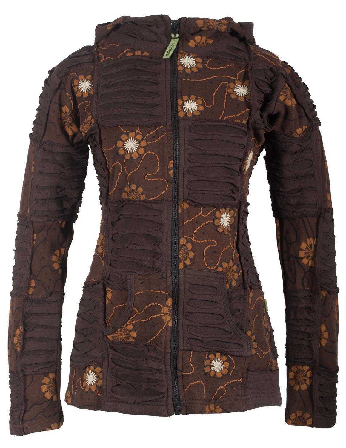 Vishes Kapuzensweatjacke Bestickte Blumen Patchworkjacke mit Zipfelkapuze Elfen, Goa, Boho, Ethno Style braun