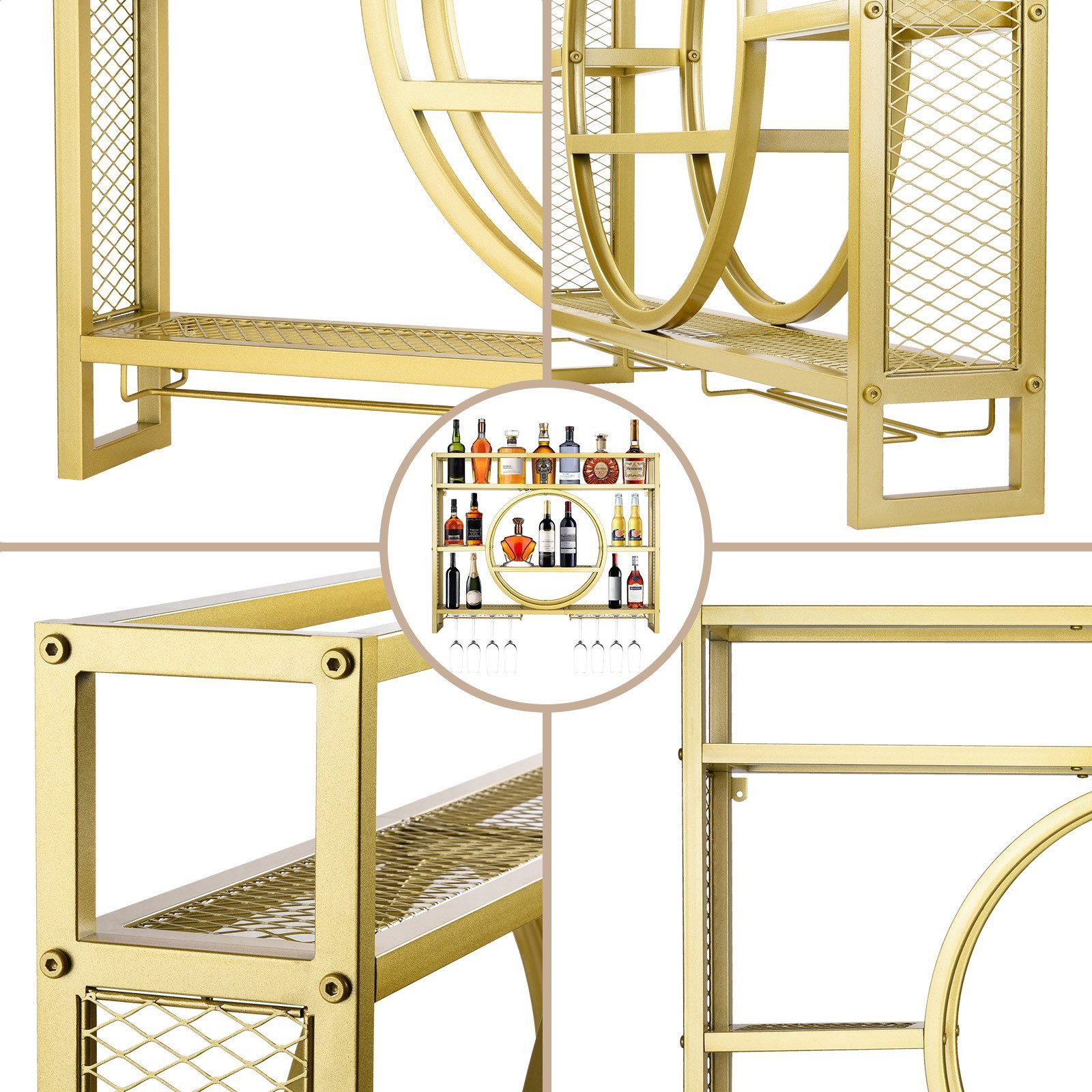 XERSEK Weinregal Wandmontierte Metal Flaschenregal Schwarz Gold Wein Regal Rack Schrank, Platz für 30 Flaschen, Maximale Belastung 50 kg, Klassischer Stil, 3 Ebenen, Aus Kohlenstoffstahl