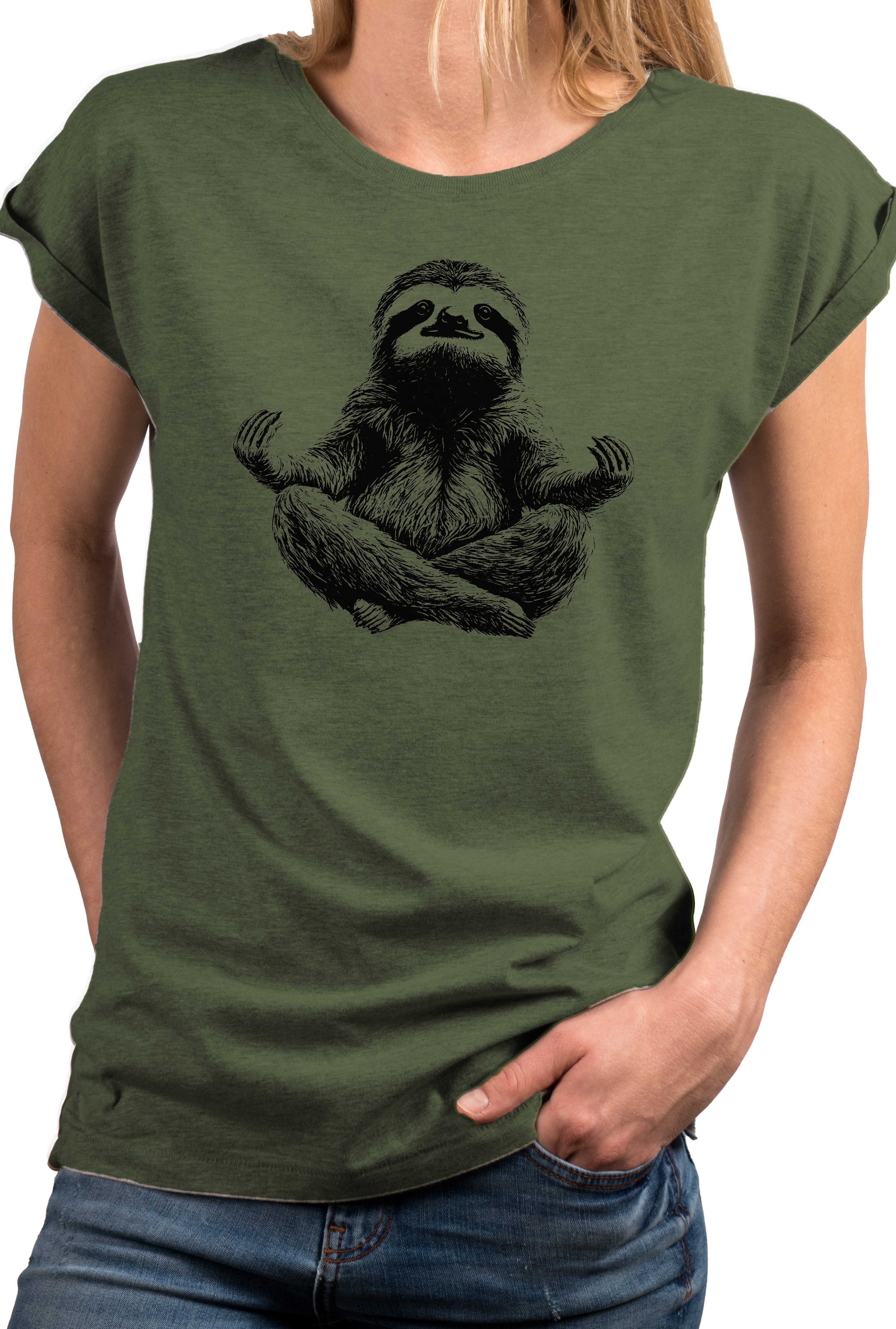 MAKAYA T-Shirt Kurzarm Damen T-Shirt mit lustigem Faultier-Yoga-Aufdruck (Weiß, Rosa, Hellgrau, Grün, Dunkelgrau, 34, 36, 38, 40, 42, 44, 46, 48, 50) Baumwolle