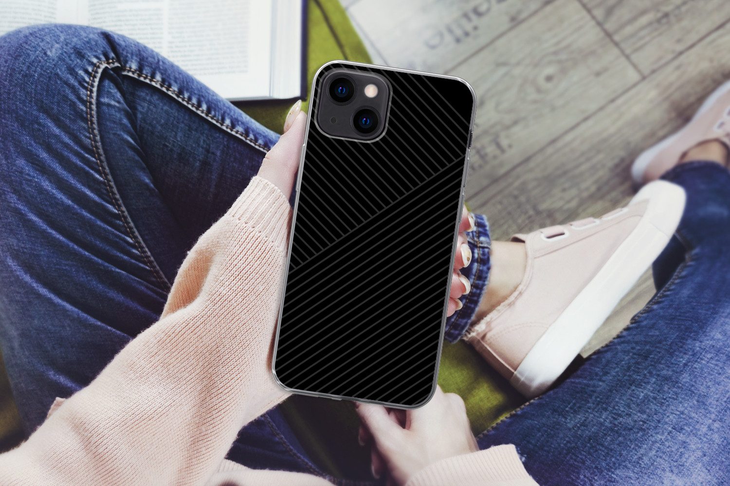 MuchoWow Handyhülle für Apple iPhone 13 Linien - Abstrakt - Schwarz - Grau - Minimalistisc, Smartphone-Bumper, Print, Handy Schutzhülle Dünn