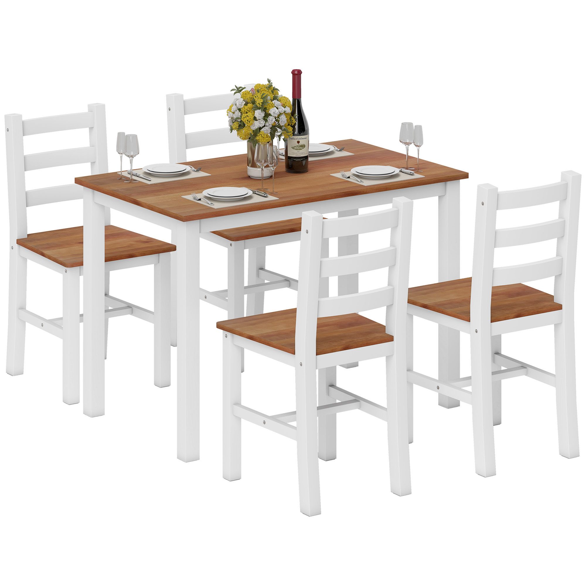 HOMCOM Essgruppe Esstisch mit 4 Stühlen Platzsparend Esszimmergruppe, (Rechteckig Küchentisch-set, 5-tlg., Sitzgruppe aus Kiefernholz), für Esszimmer, Küche, 10 – Bild 2 von 5