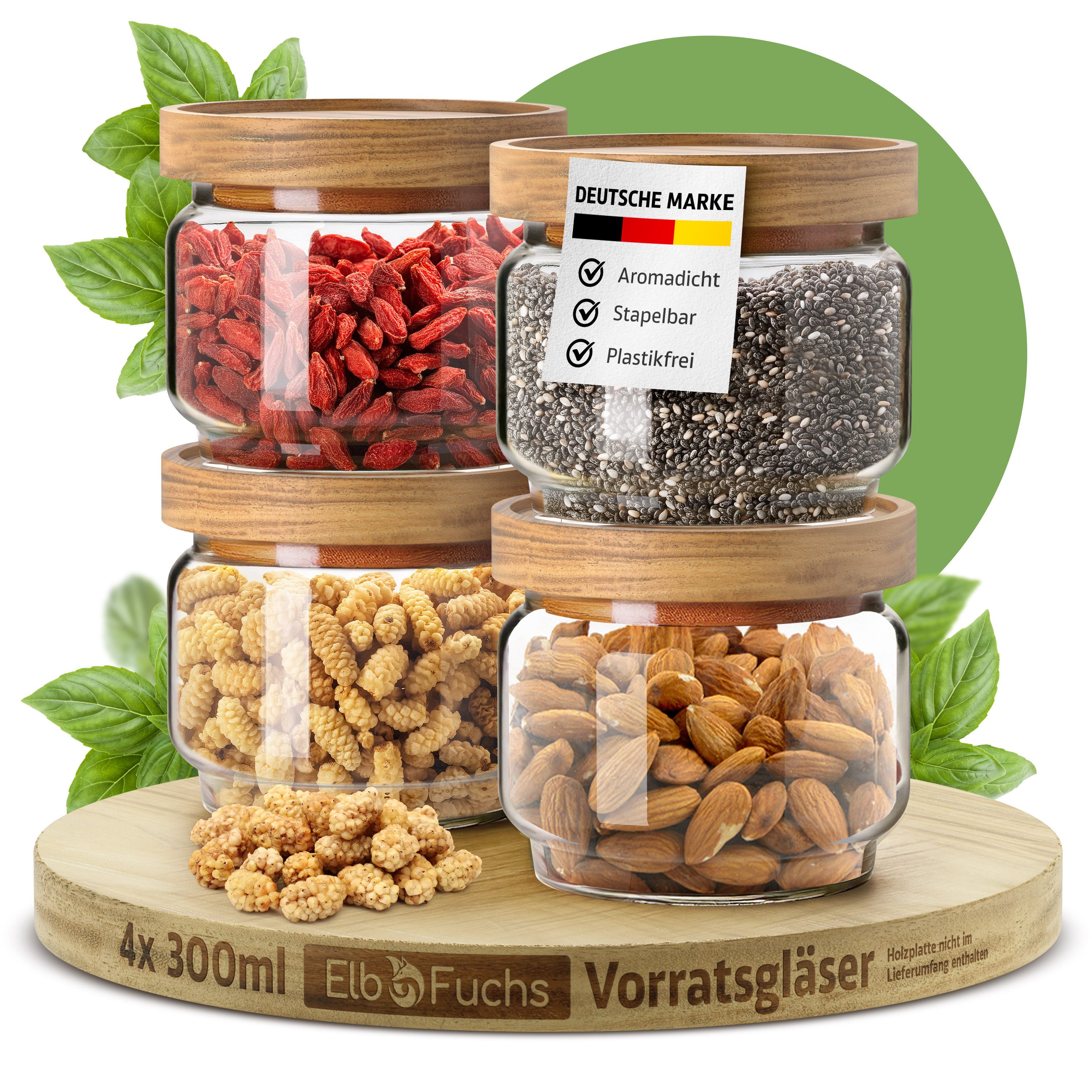 ElbFuchs Vorratsglas mit Holzdeckel, luftdicht schließend, Borosilikatglas, (Set, 4-tlg., 300 ml), BPA-FREI & MOTTENSICHER