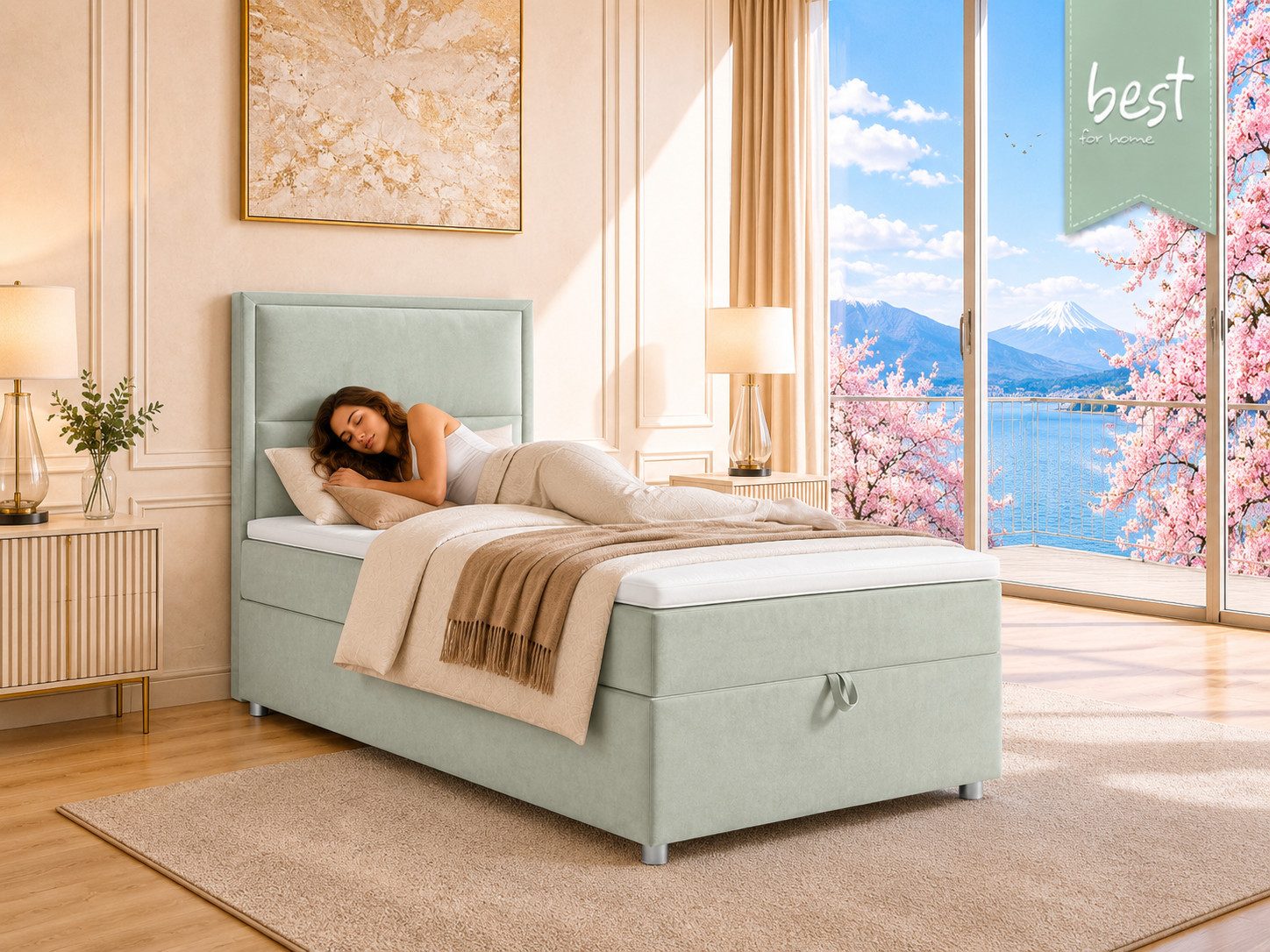 Best for Home Boxspringbett K-11 SINGLE mit Bettkasten, Bonellfederkern, Komfort Topper H3 (Hotelbett, Einzelbett, Kinderbett, Juniorbett, 5-St., 70x200 80x200 90x200 100x200 cm), Einzelbett mit integriertem Stauraum, gepolstertem Kopfteil