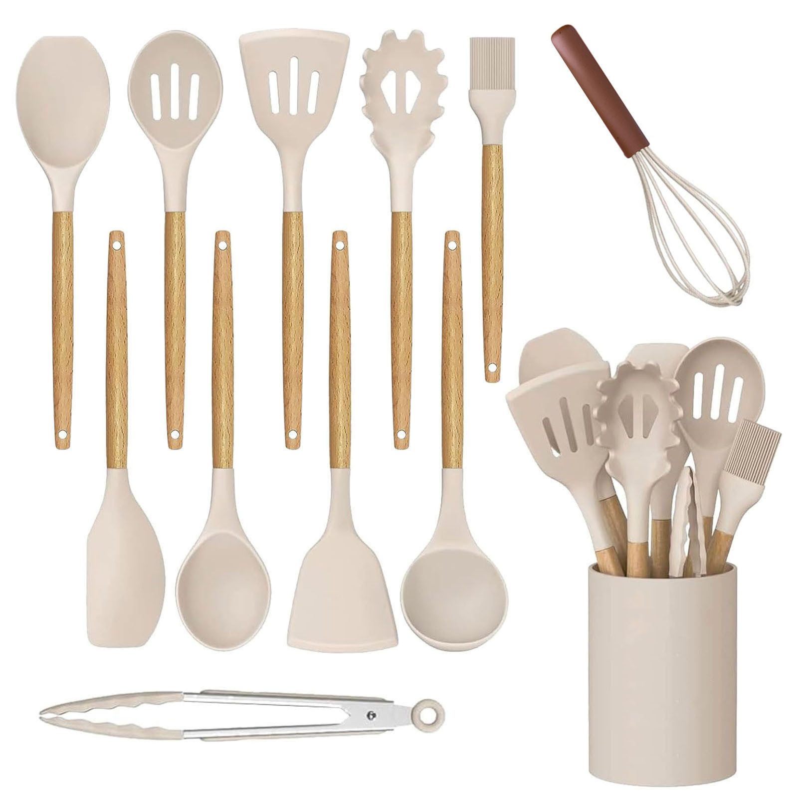 MODFU Kochbesteck-Set 12er Küchenhelfer Set Kochgeschirr Küchenzubehörset (mit Hitzebeständigem Holzgriff und Aufhängeschlaufe, 12-tlg., Küchen Utensil, Silikon und Holz), BPA-frei für Kochen Braten Schöpfen Mischen und Backen usw