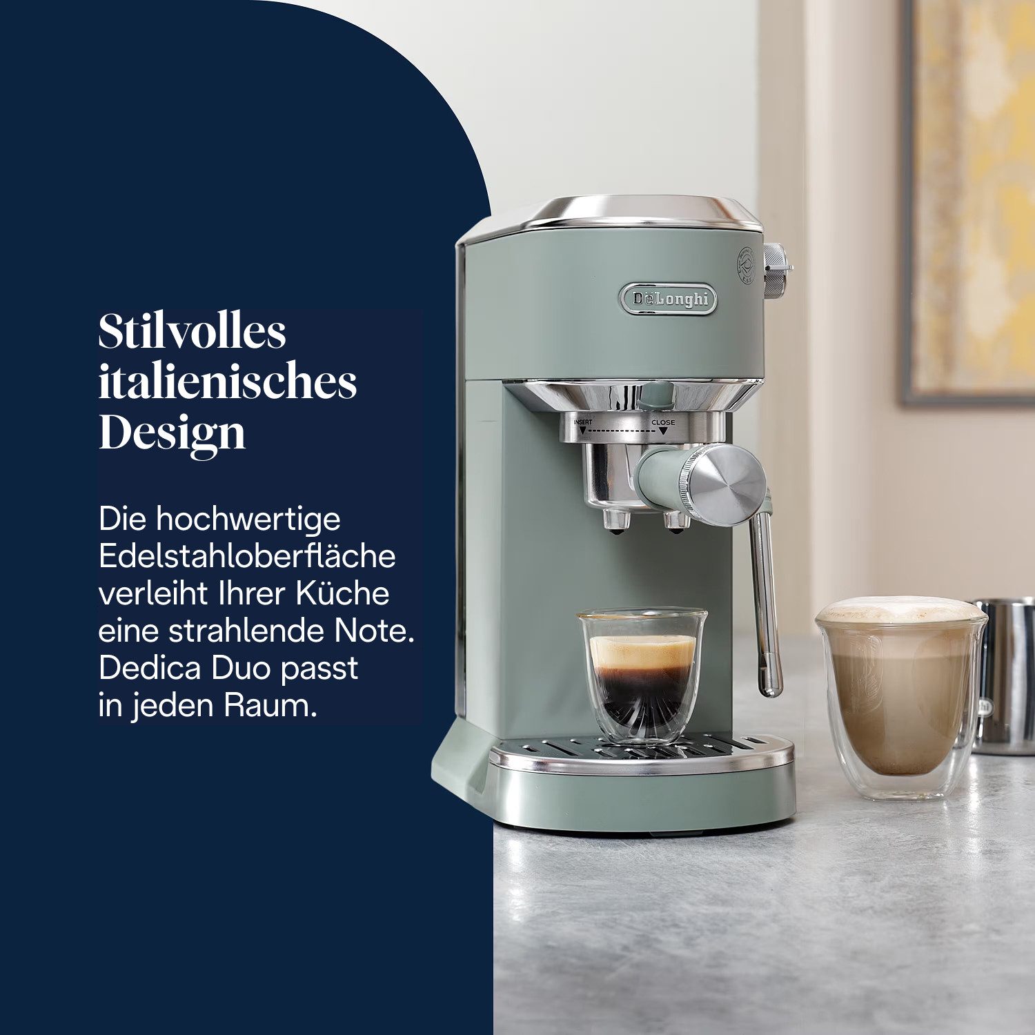 De'Longhi Espressomaschine Dedica Duo EC890.GR - Espresso & Cold Brew, 15 Bar, Touch-Buttons, Cold Brew in unter 5 Minuten, 15 cm breit, 1,1L, inkl. Milchschaumdüse