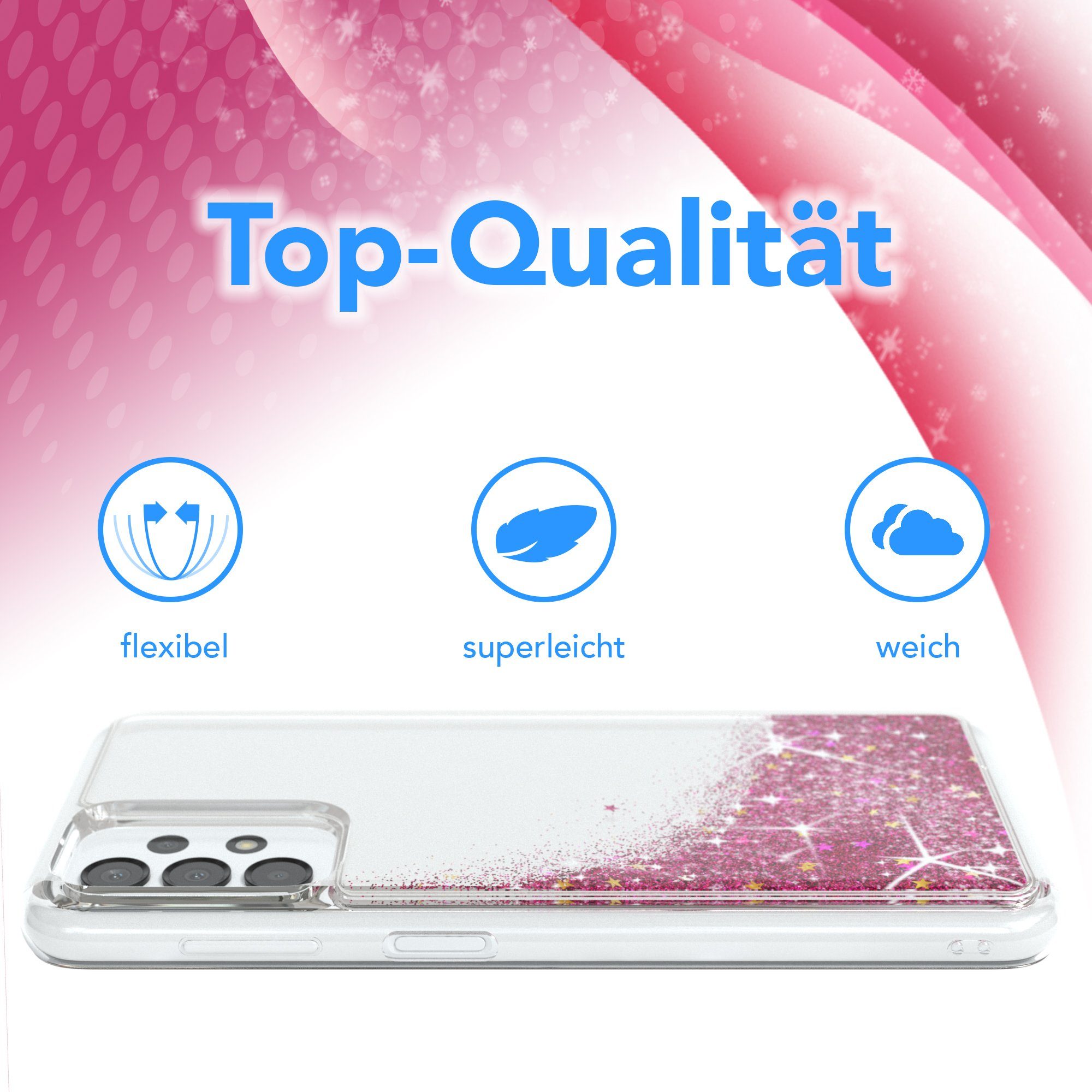 EAZY CASE Handyhülle Liquid Glittery Case für Samsung Galaxy A13 4G 6,6 Zoll, Glitzerhülle Shiny Slimcover stoßfest Durchsichtig Bumper Case Pink