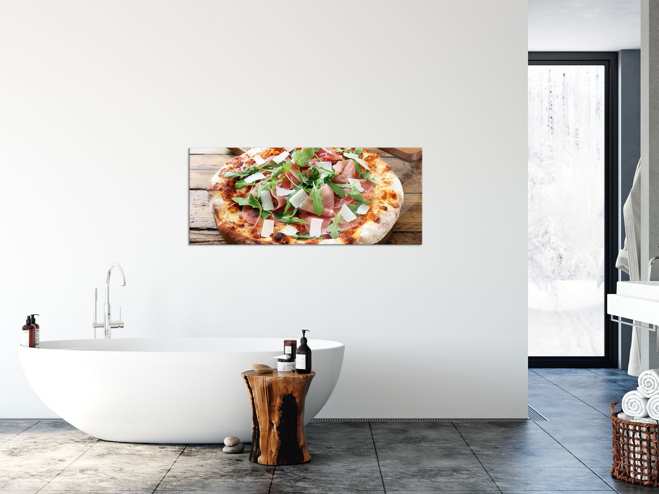 Pizza (1 Pixxprint Echtglas, Glasbild auf Aufhängungen Glasbild Prosciutto inkl. Pizza aus St), auf Abstandshalter Holztisch, und Prosciutto Holztisch
