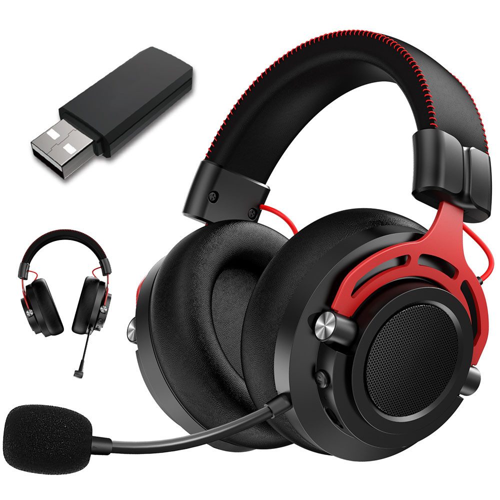 GOOLOO Wireless Gaming Headset mit Mikrofon Stereo 2.4G Bluetooth Rot Gaming-Headset (Kopf montierte Noise Cancelling Ohrhörer)