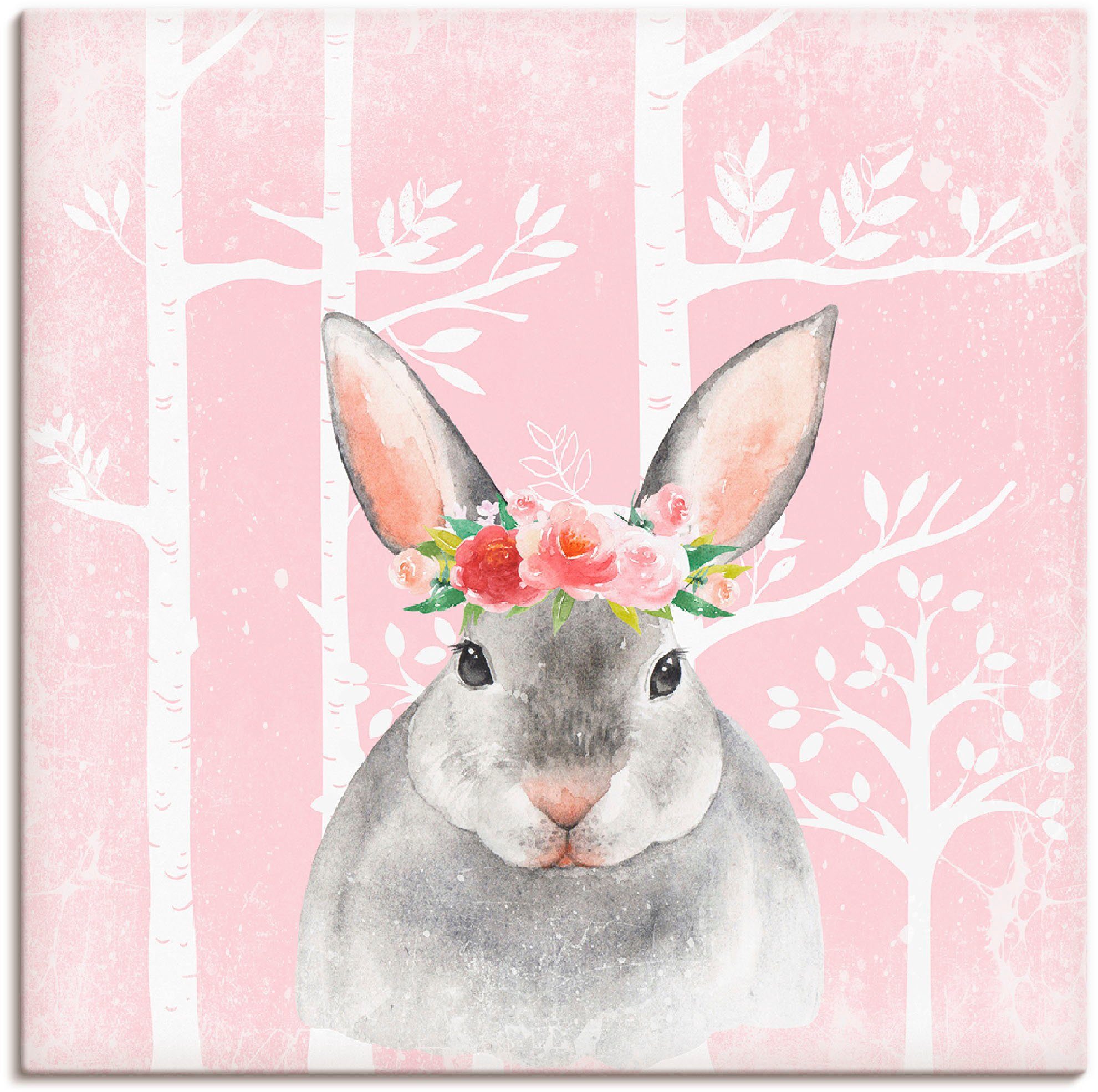 Artland Leinwandbild Hase mit Blumen im pink Wald, Tiere (1 St), auf Holzrahmen gespannt