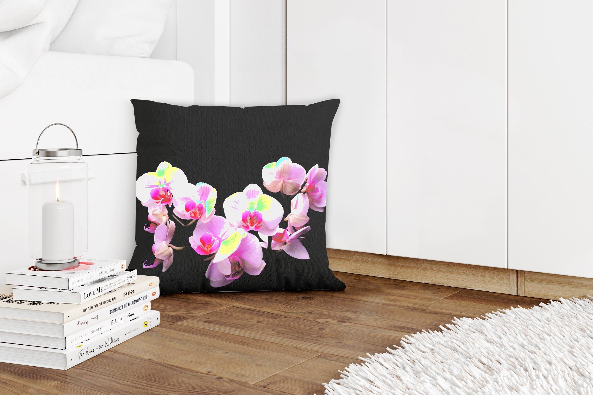 MuchoWow Dekokissen Orchidee - Zierkissen Deko, Füllung - Wohzimmer, Blumen Flora, mit - Schlafzimmer, Rosa für Sofakissen
