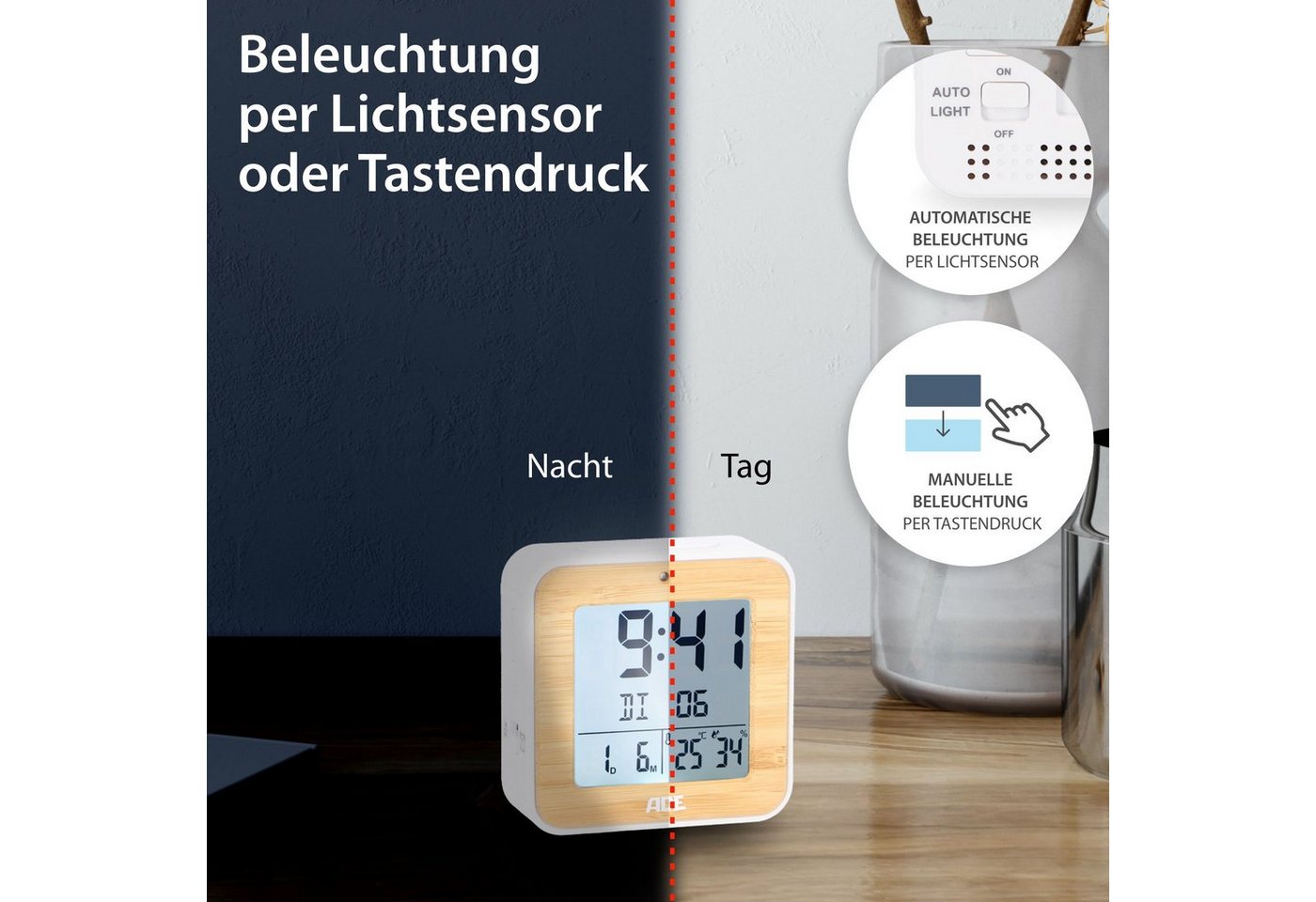 ADE Funkwecker »CK2112« mit Dual-Alarm und DCF Zeitsignal, Gehäuse mit echtem Bambus, LCD-Display & Thermometer für Innen-kaufen