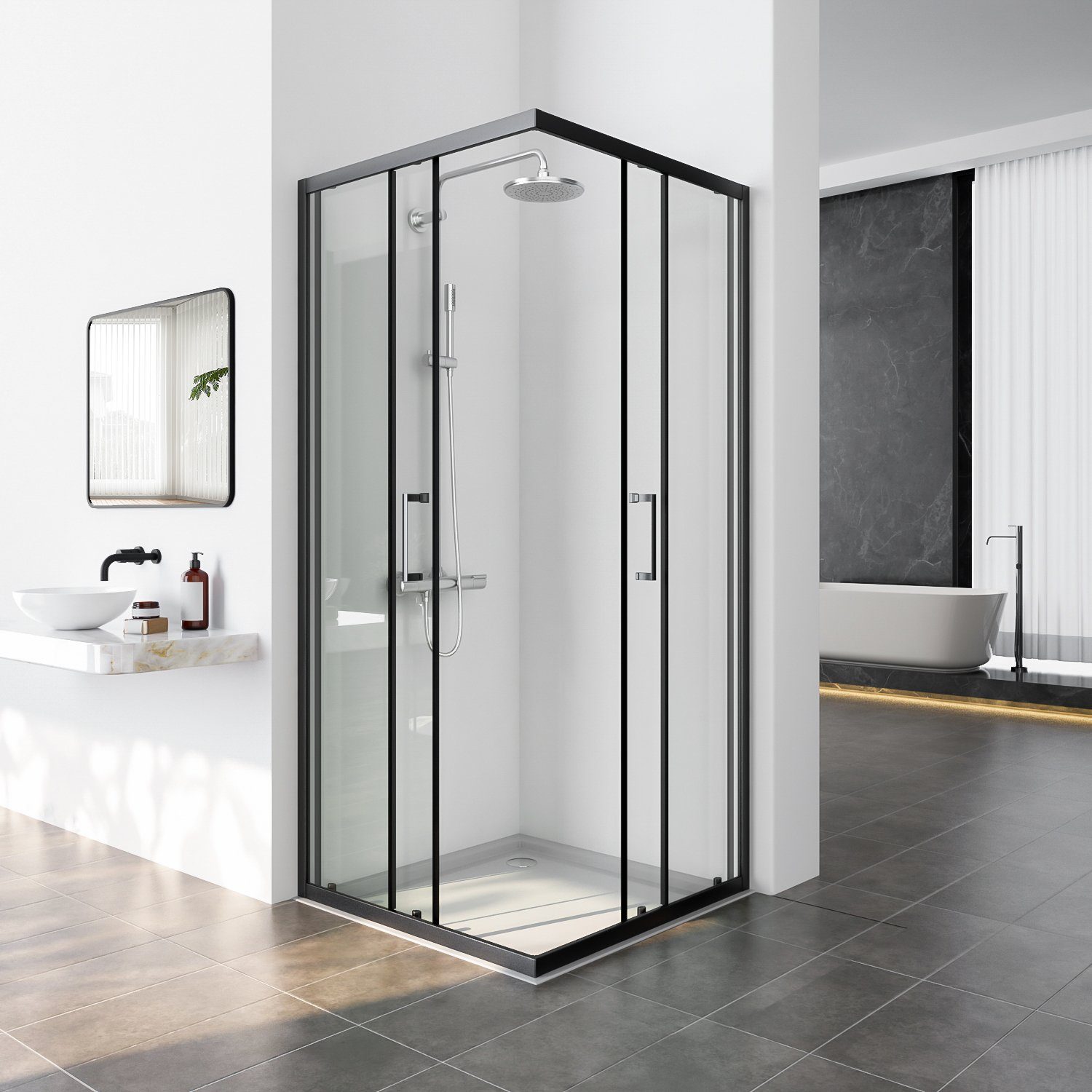 Thumbnail - GOEZES Eckdusche Duschkabine 100x100 90x90 80x80 90x75 100x80 Schwarz H:185cm, BxT: 75x90 cm, 5mm Sicherheitsglas, Eckei...