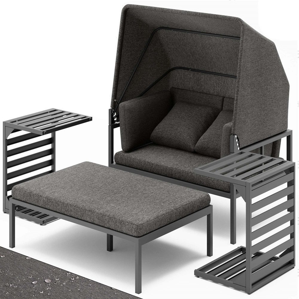 Melko Gartenlounge-Set Sonneninsel inkl. Sonnendach Strandkorb Sonnenliege Aluminium Grau, (wetterfest, resistent gegen Regen, Salzwasser und intensive Sonneneinstrahlung, inkl. 2 extra dicke und weiche Kissen inkl. Reißverschluss), 2 Beistelltischen und verstellbarem Sonnendach für angenehmen Schatten