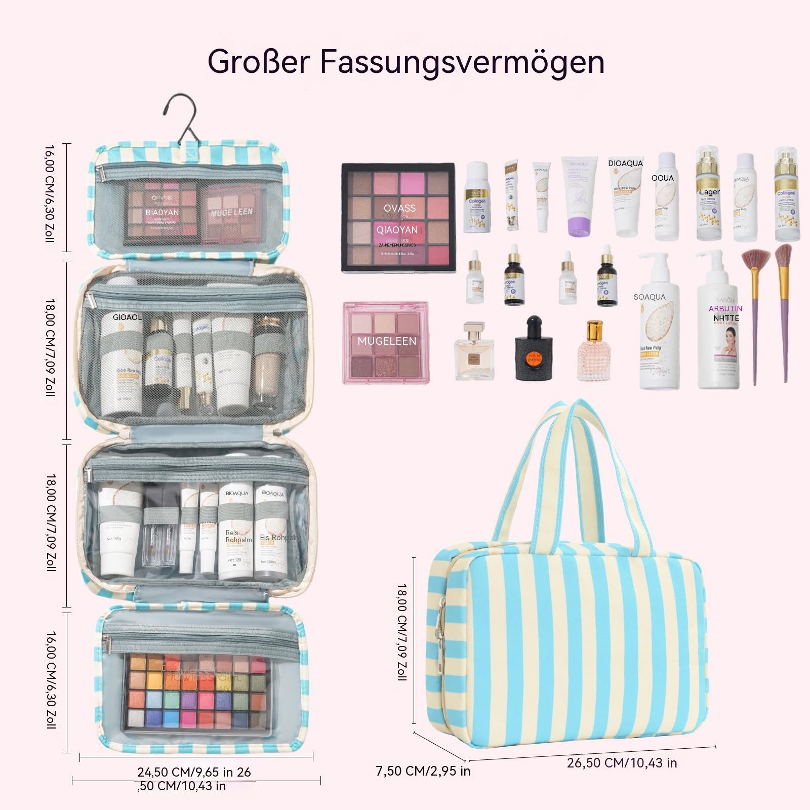 Zyronn Kulturbeutel Reise Kulturtasche Damen, Wasserabweisende Kulturbeutel mit Nassfach, Stilvolle, gestreifte Kosmetiktasche mit Haken – Bild 4 von 5