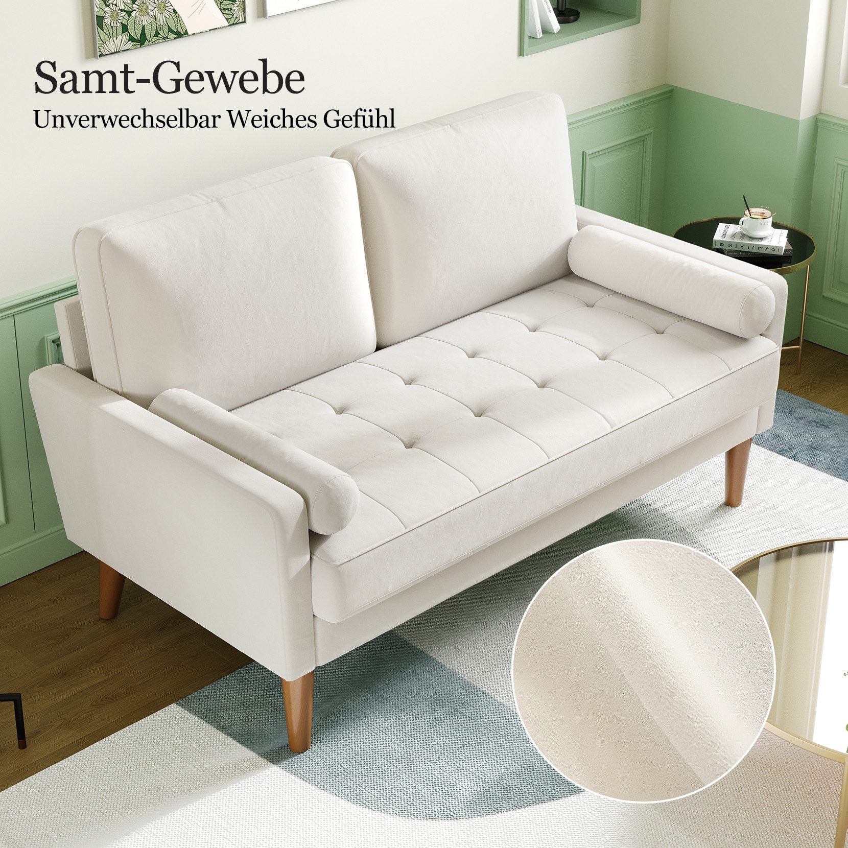 OUNUO Sofa 121cm Kleines Loveseat Sofa Couch aus Samt und Leinen mit 2 Zierkissen – Bild 5 von 5