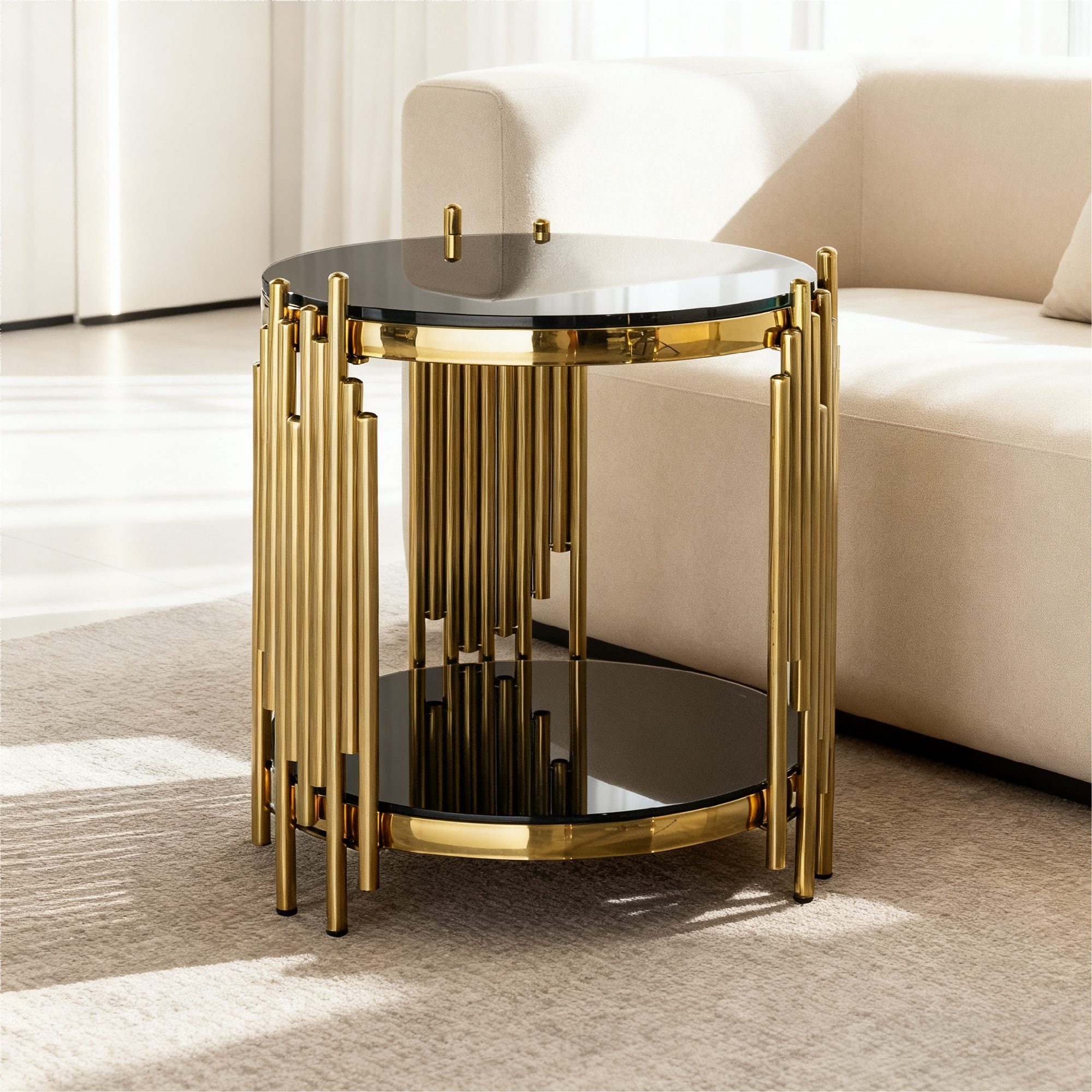 REDOM Beistelltisch rund mit 2 Glasböden in Schwarz-Gold (mit robuster Glasplatte, stabiler Edelstahlrahmen, 1-St., Eleganter Akzenttisch für Getränke, Lampe oder Dekoration), Moderner Beistelltisch für Wohnzimmer, Schlafzimmer & Büro
