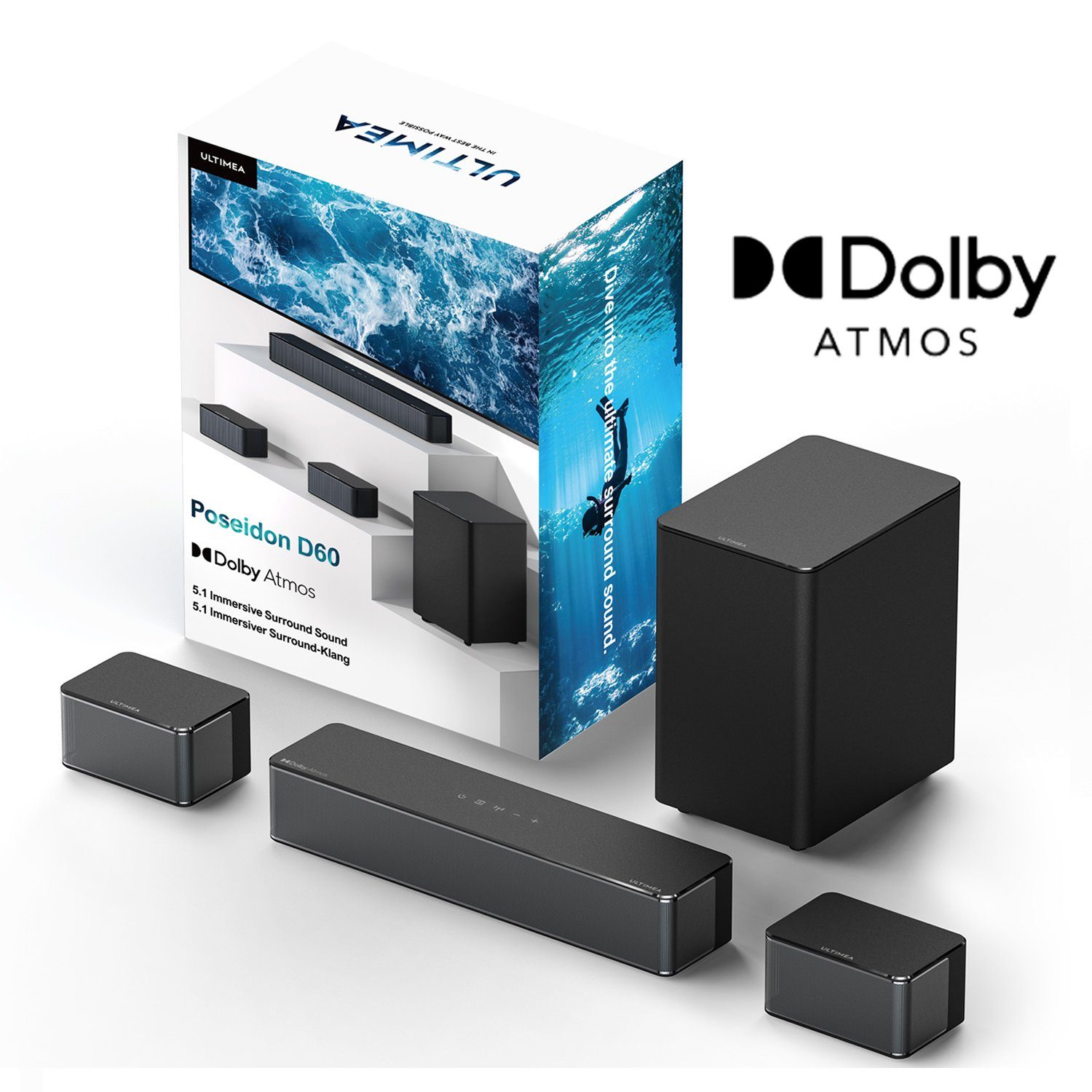 Ultimea Poseidon D60 5.1 Dolby Atmos Soundbar (410 W, 3D Surround Sound, TV Lautsprecher für Heimkino mit einstellbarem Bass)
