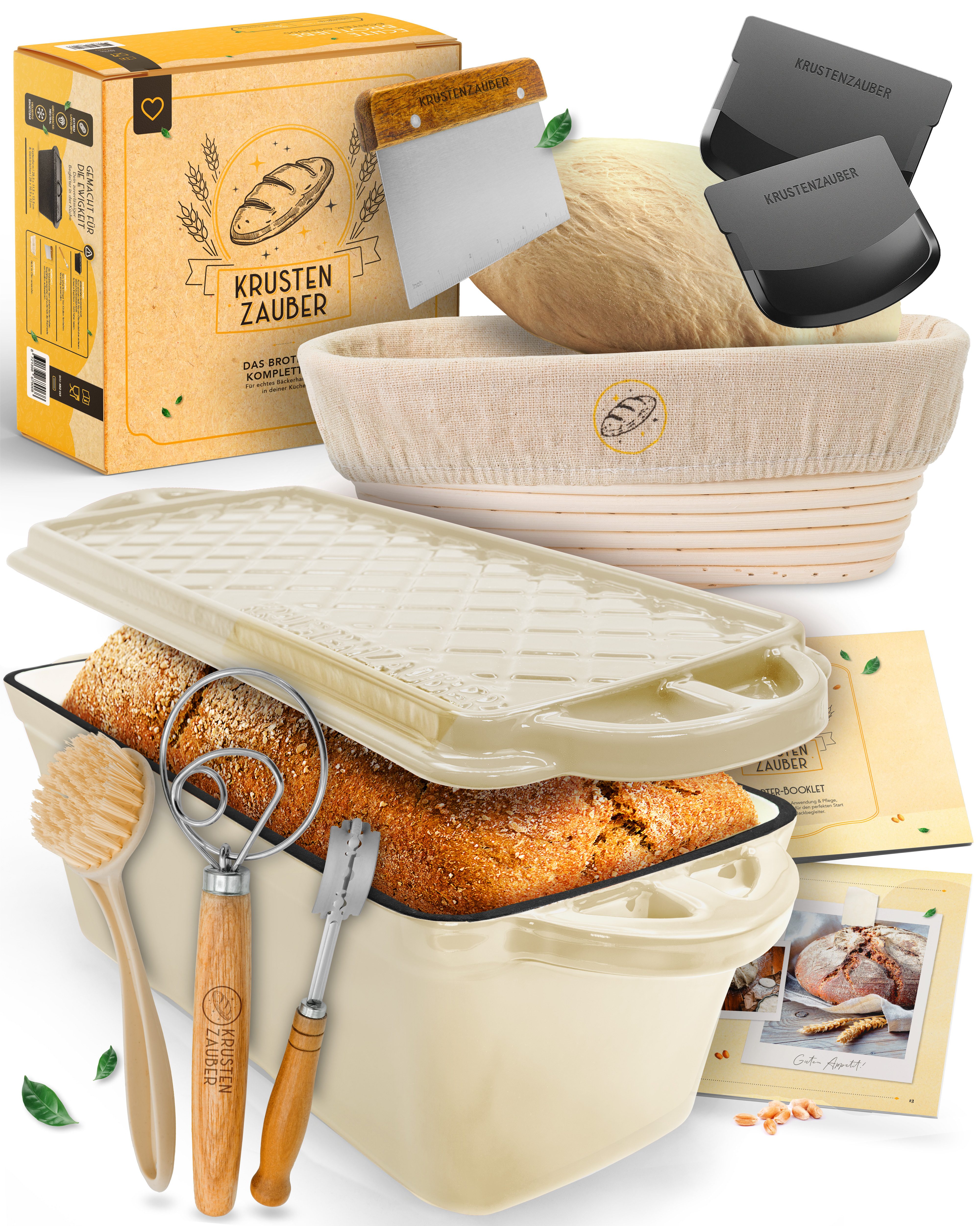 Krustenzauber Brotbackform Emaille Brotbackform 28cm mit Deckel im Komplettset, Kastenform Brot