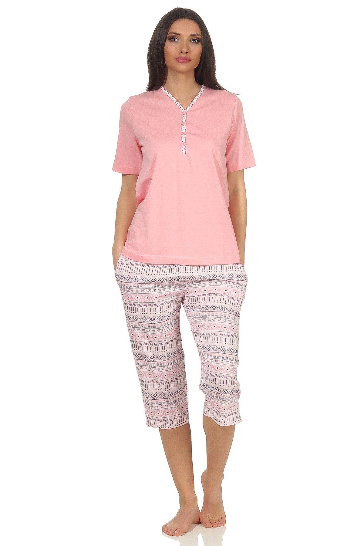 Normann Pyjama Damen Capri Pyjama kurzarm Ethnolook - auch in Übergrößen rosa