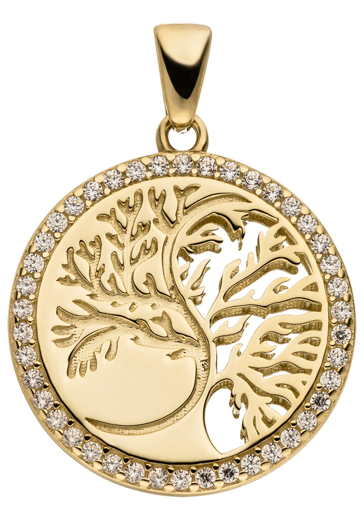 JOBO Kettenanhänger Anhänger Lebensbaum rund 18 mm, 8 Karat 333 Gold mit 42 Zirkonia