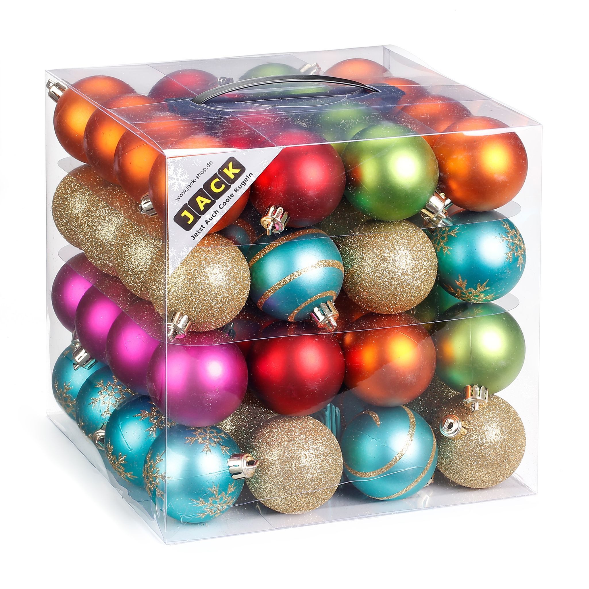 JACK Christbaumschmuck 64x Kunststoff Christbaumkugeln Ø 6cm Baum Kugeln inkl. Aufhänger, Mit praktischer Aufbewahrungsbox, Optik: matt / glänzend / glitzernd