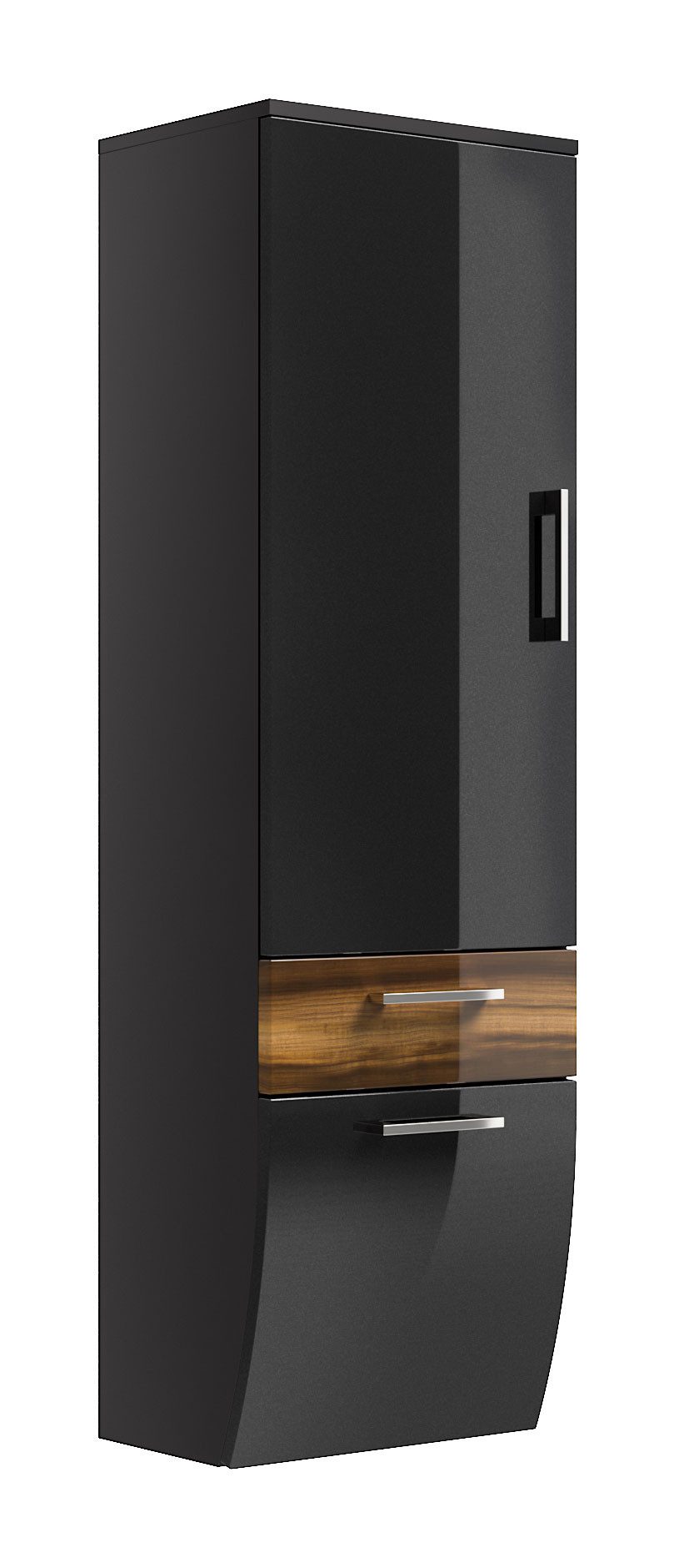 Magnolia Home Badmöbel-Set Hochschrank Rima 135 cm rund Walnuss hochglanz/Grafit hochglanz, Soft-Close